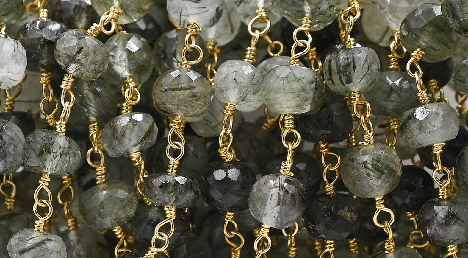 Green Rutilated Quartz Faceted Rondelle Beads Wire Wrapped Chain
