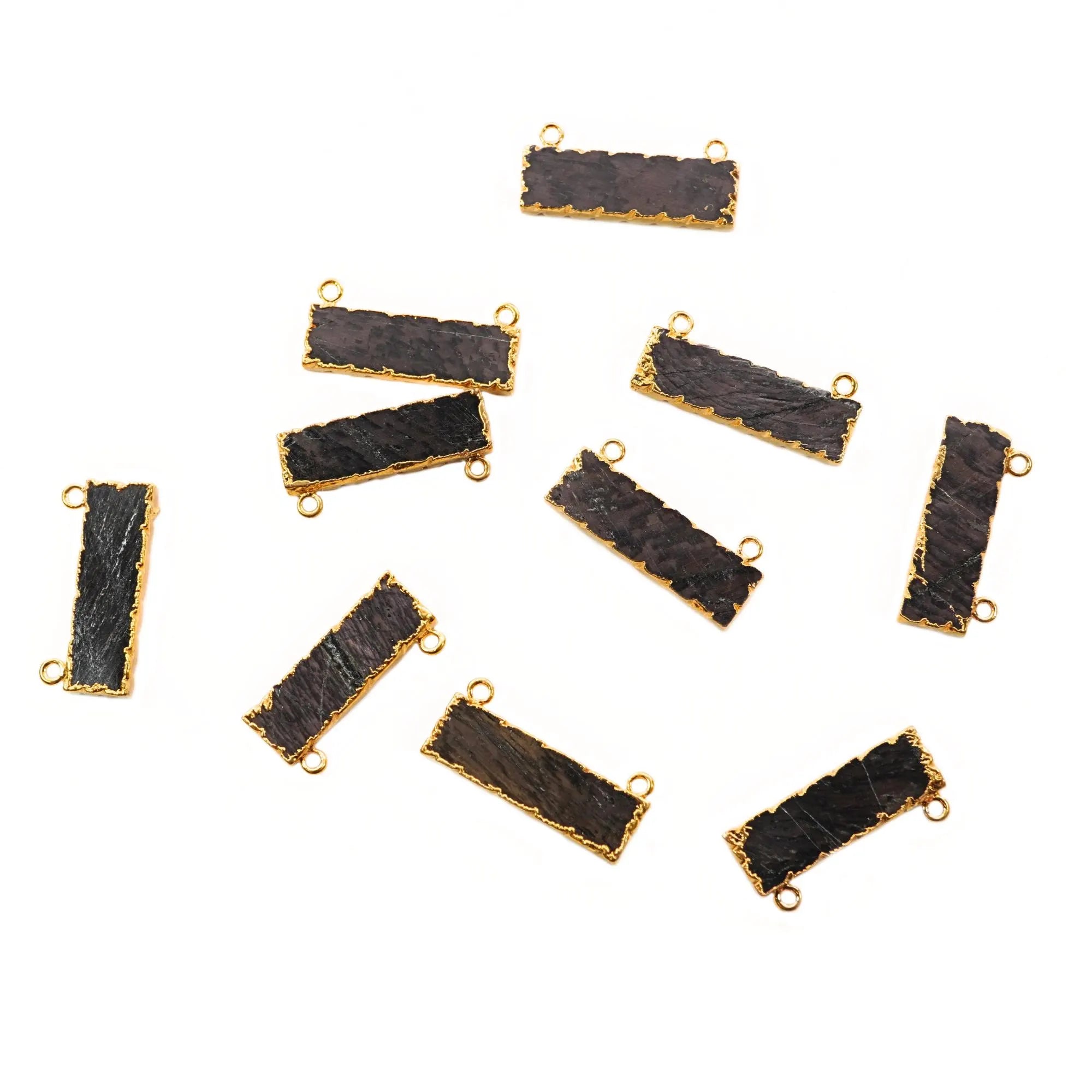 Hypersthene Rectangle Shape Gemstone Gold Electroplated Two Bails Bar Charm Connector
