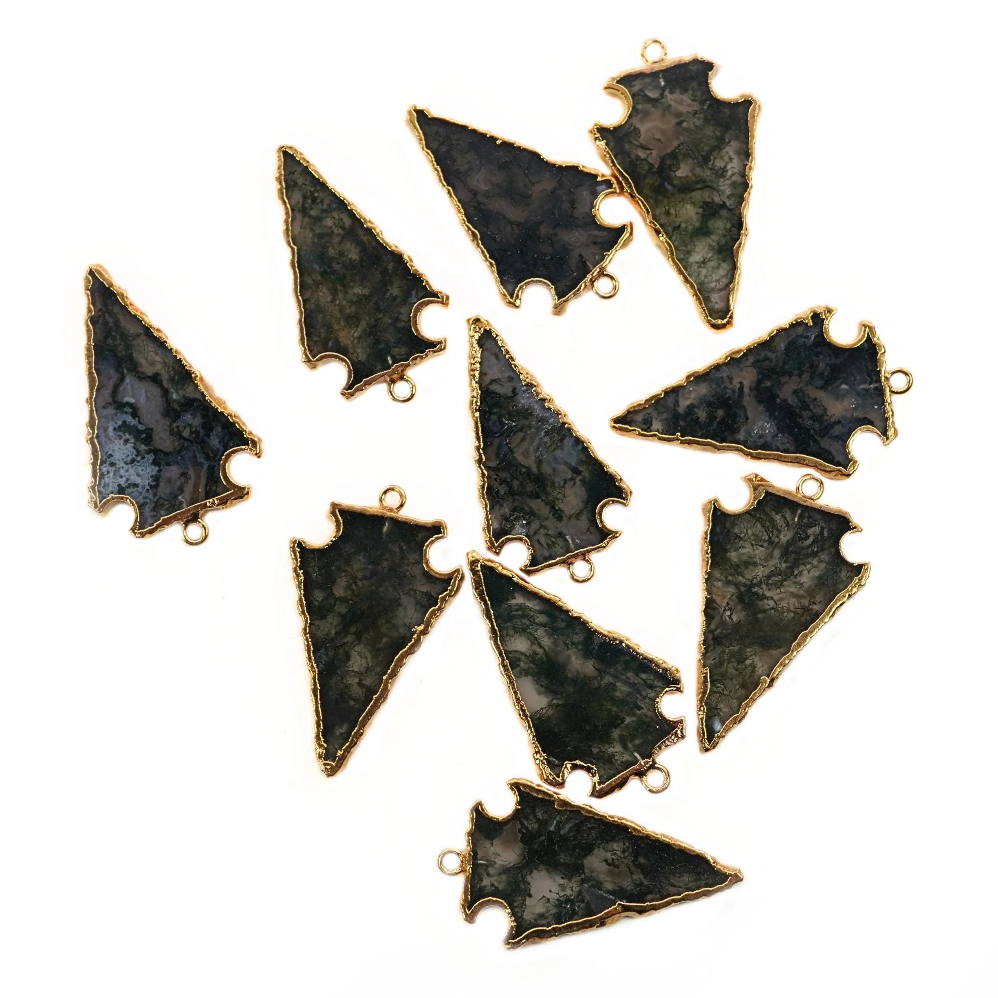 Moss Agate Smooth Arrowhead Shape Gemstone Gold Electroplated Charm Pendant