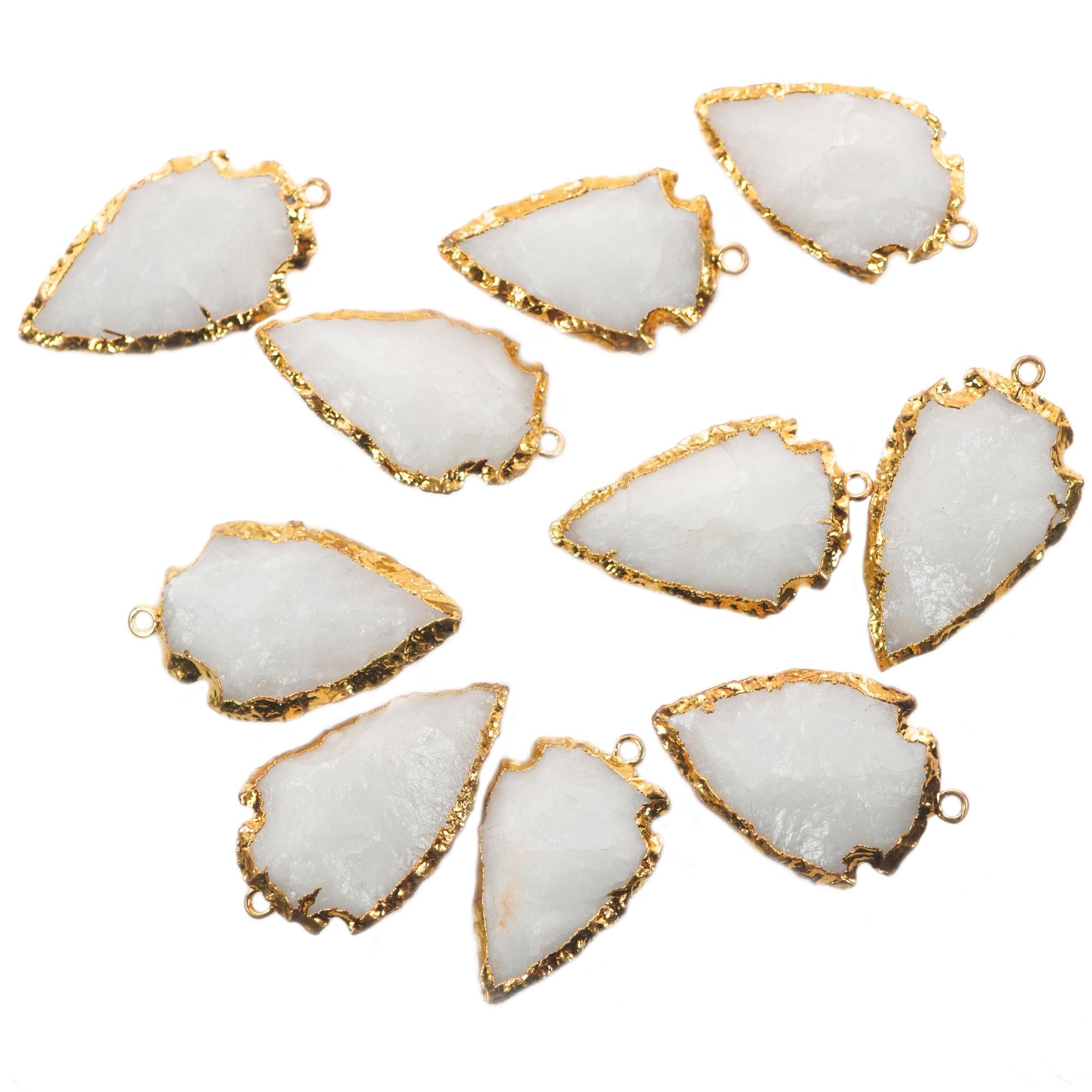 Natural White Agate Arrowhead Shape Gemstone Gold Electroplated Charm Pendant 