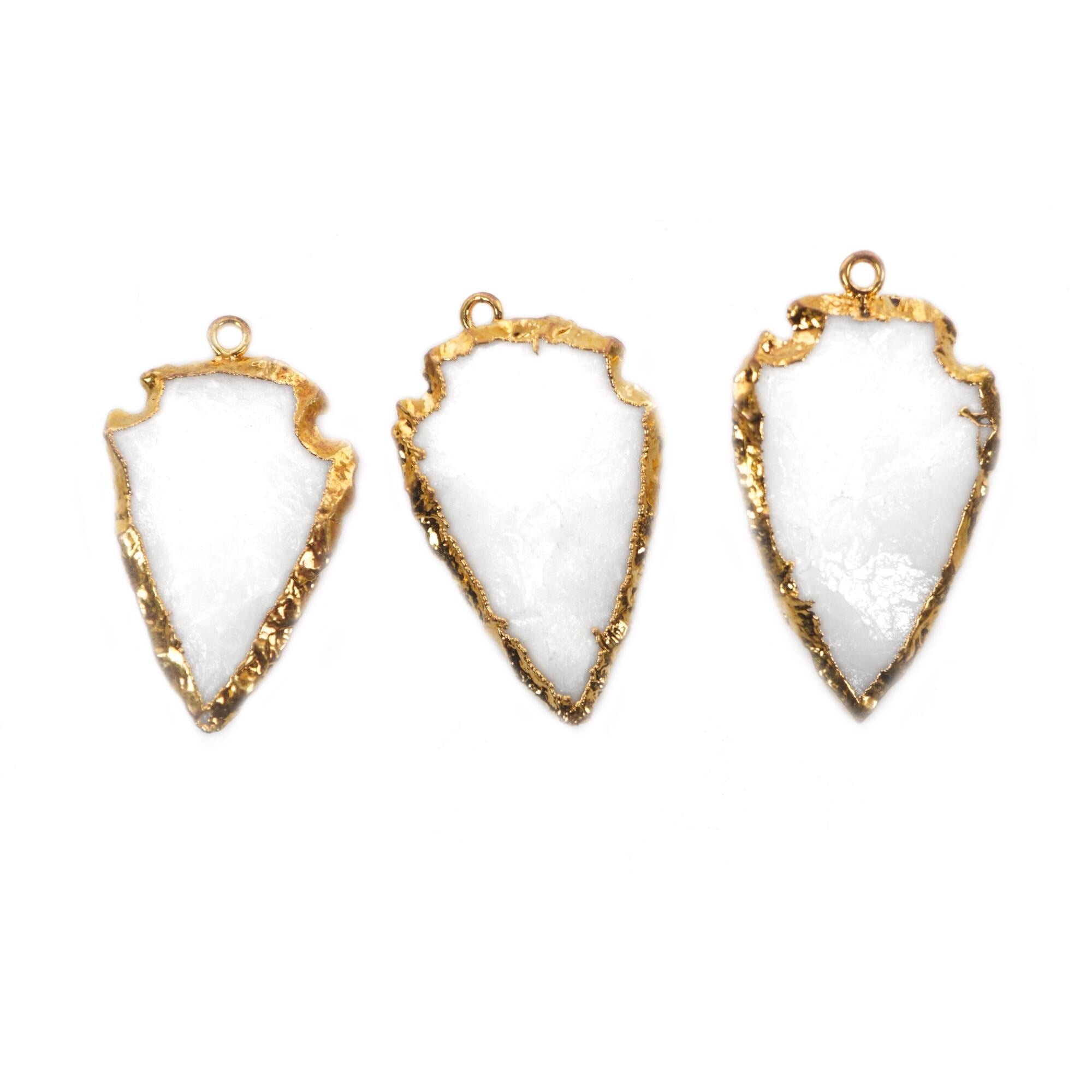 Natural White Agate Arrowhead Shape Gemstone Gold Electroplated Charm Pendant 