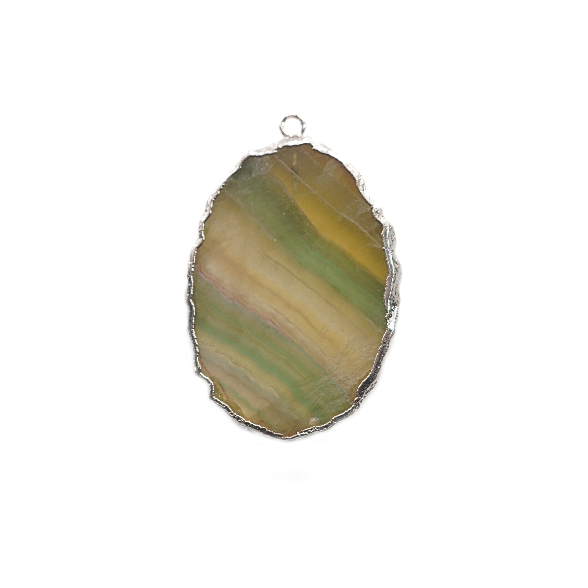 Multi Fluorite Slice Gemstone Silver Electroplated Charm Pendant 