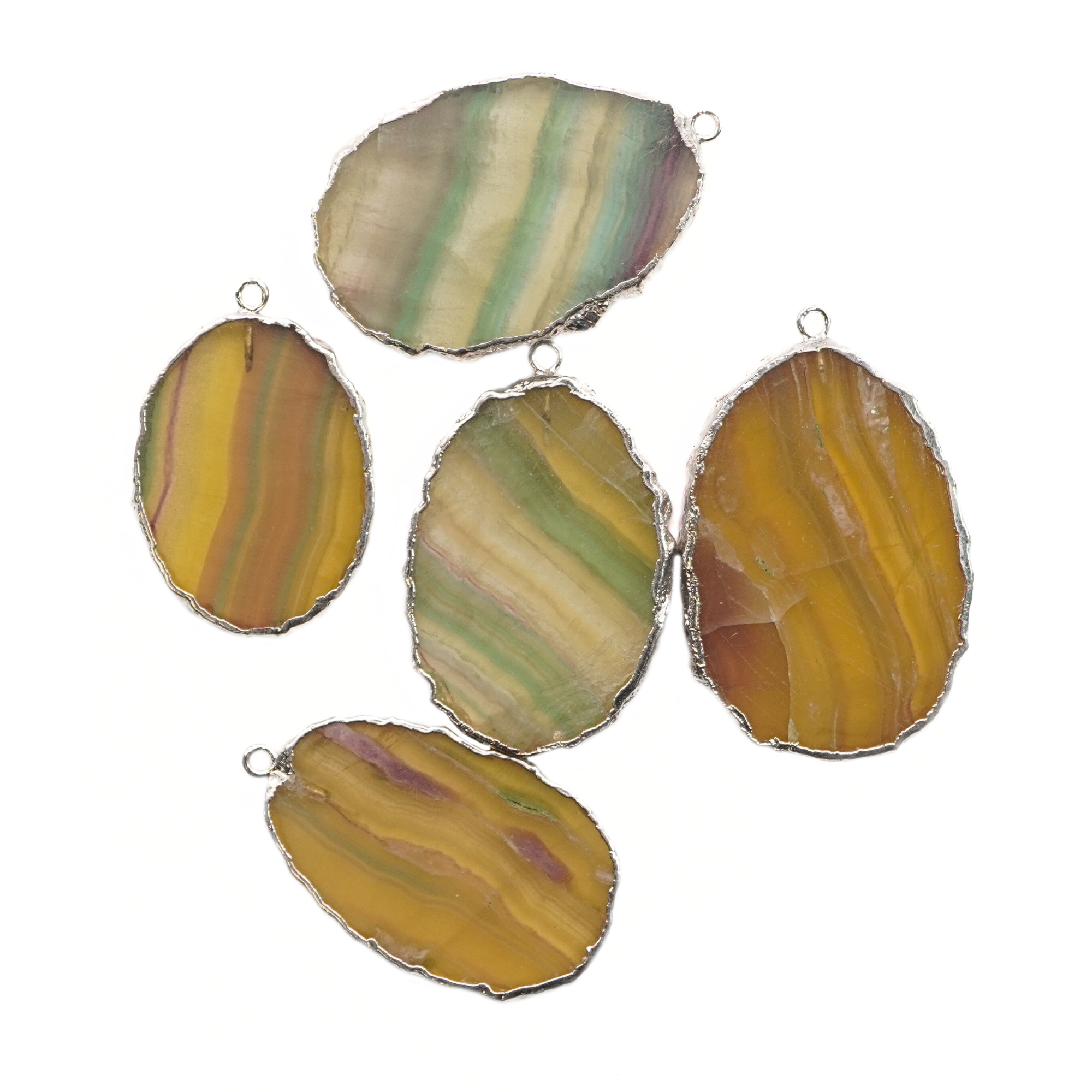 Multi Fluorite Slice Gemstone Silver Electroplated Charm Pendant 