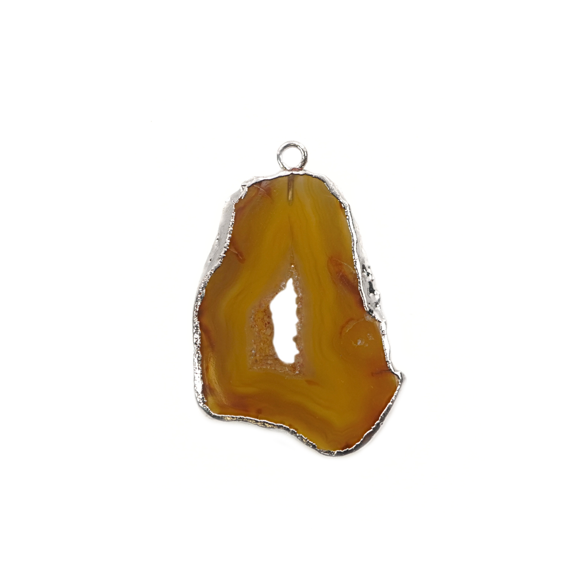 Yellow Banded Agate Slice Shape Druzy Gemstone Silver Electroplated Pendant Charm
