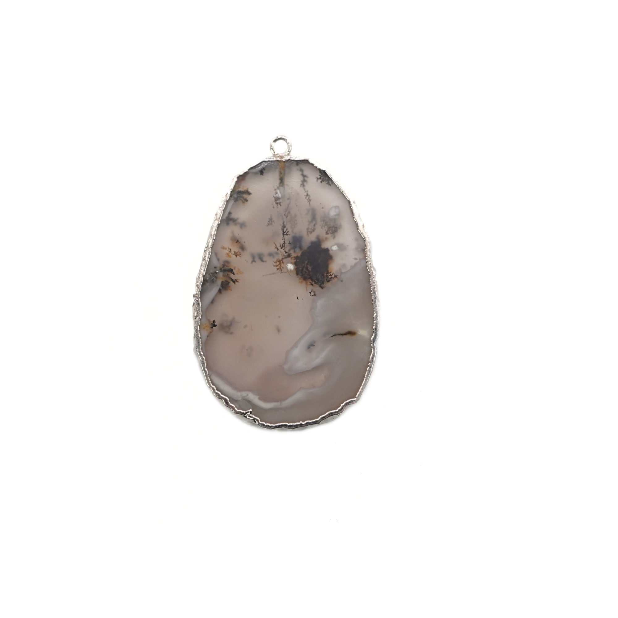 Moss Agate Smooth Oval Gemstone Silver Electroplated Charm Pendant 