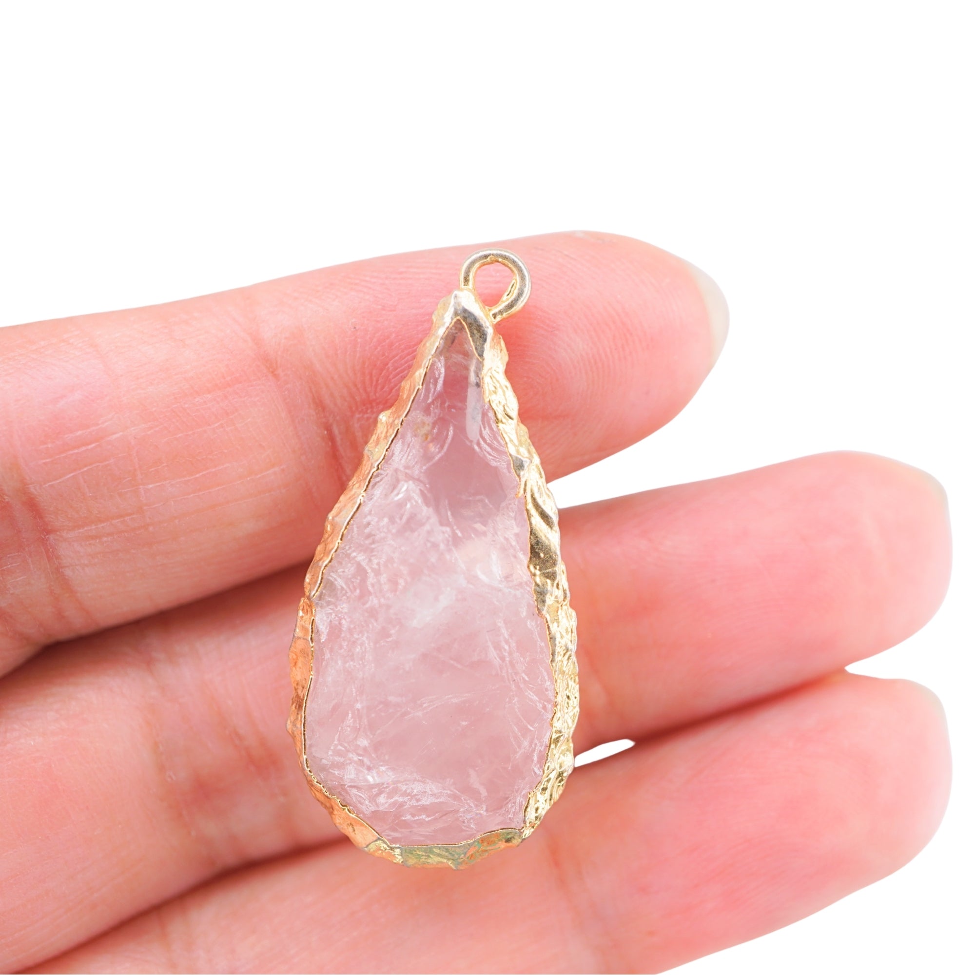 Rose Quartz Large Pear Shape Gemstone Gold Electroplated Charm Pendant For Jewelry Making 29 X 15 MM