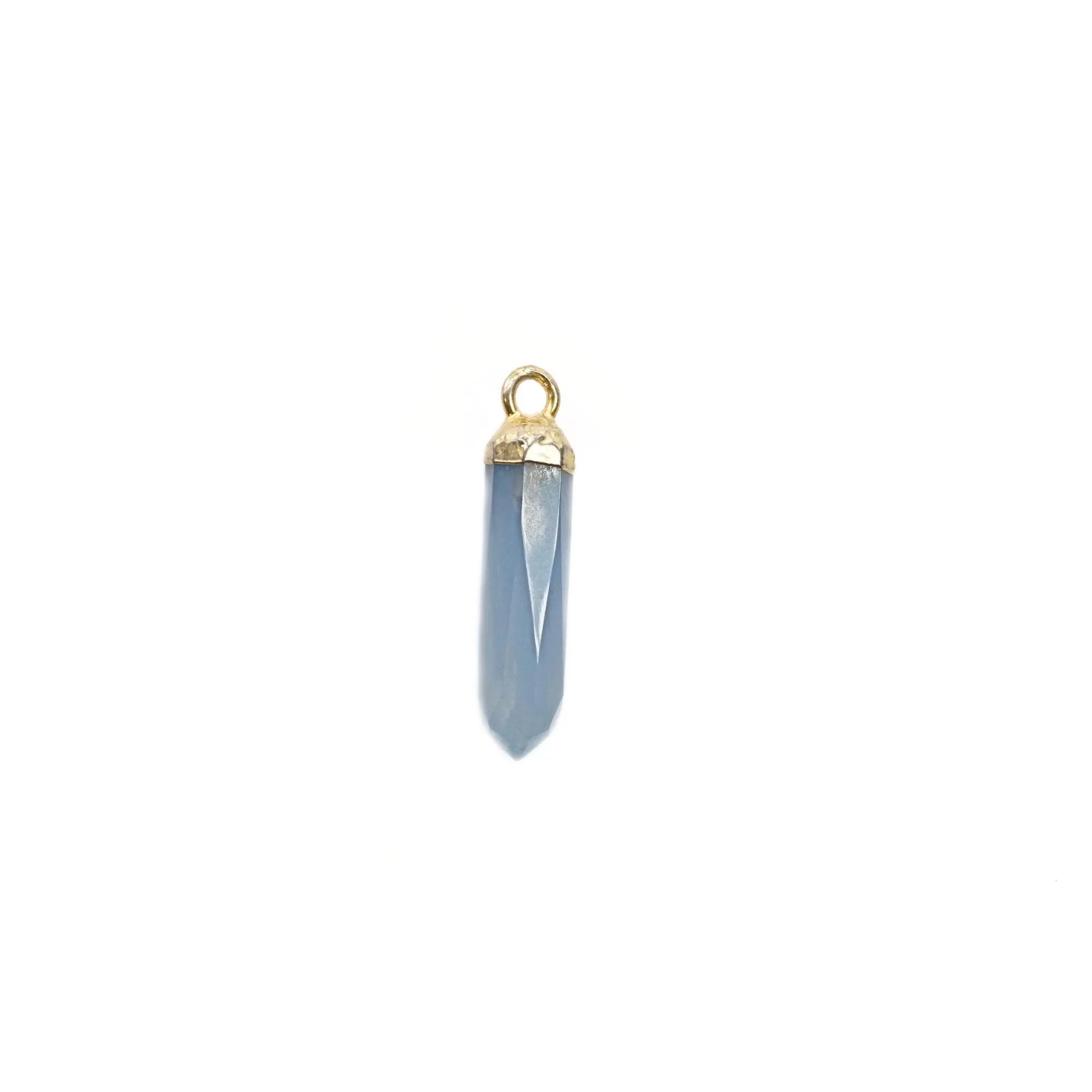 Blue Chalcedony Faceted Point Pencil Shape Gemstone Gold Electroplated Charm Pendant 