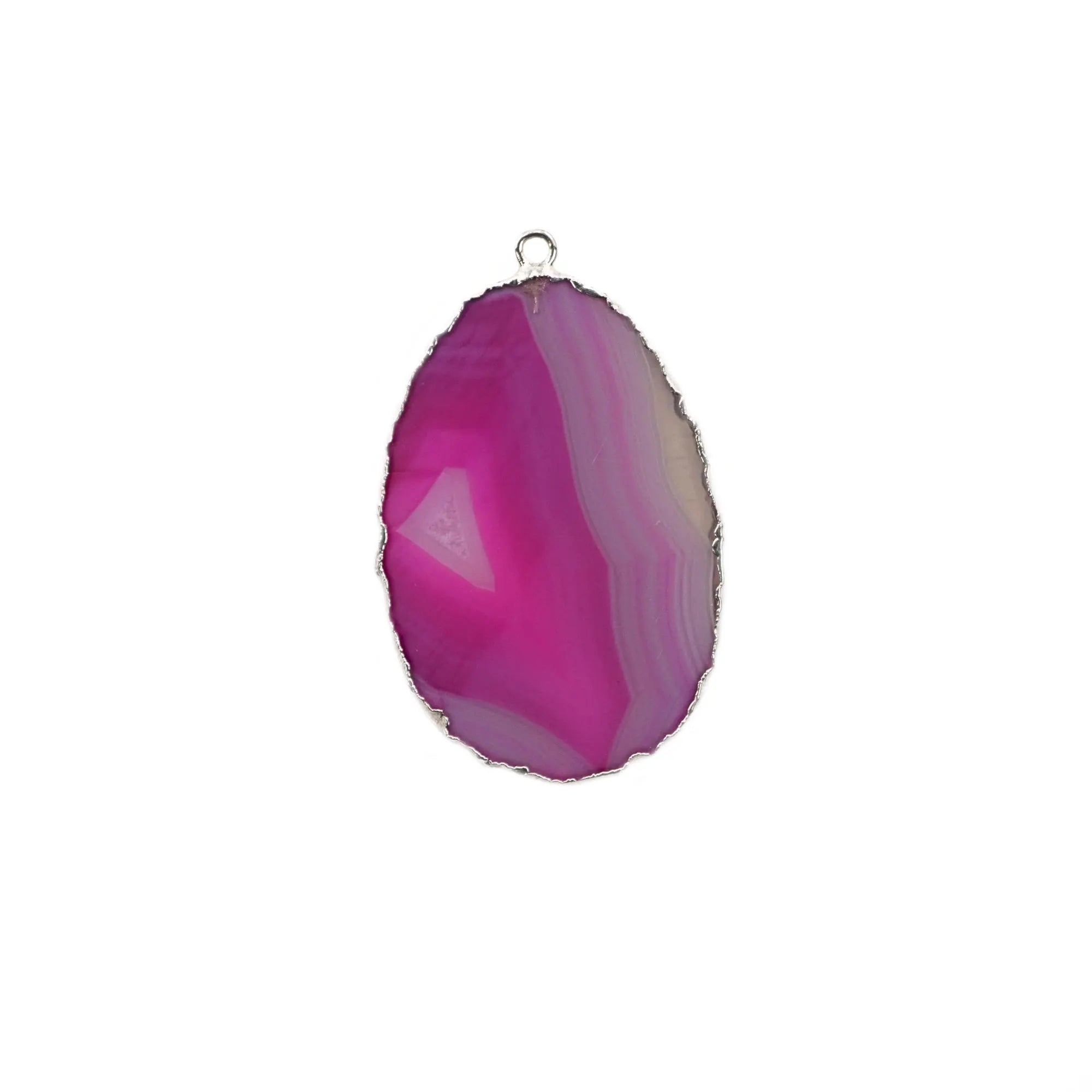Pink Banded Agate Smooth Oval Shape Gemstone Silver Electroplated Charm Pendant 