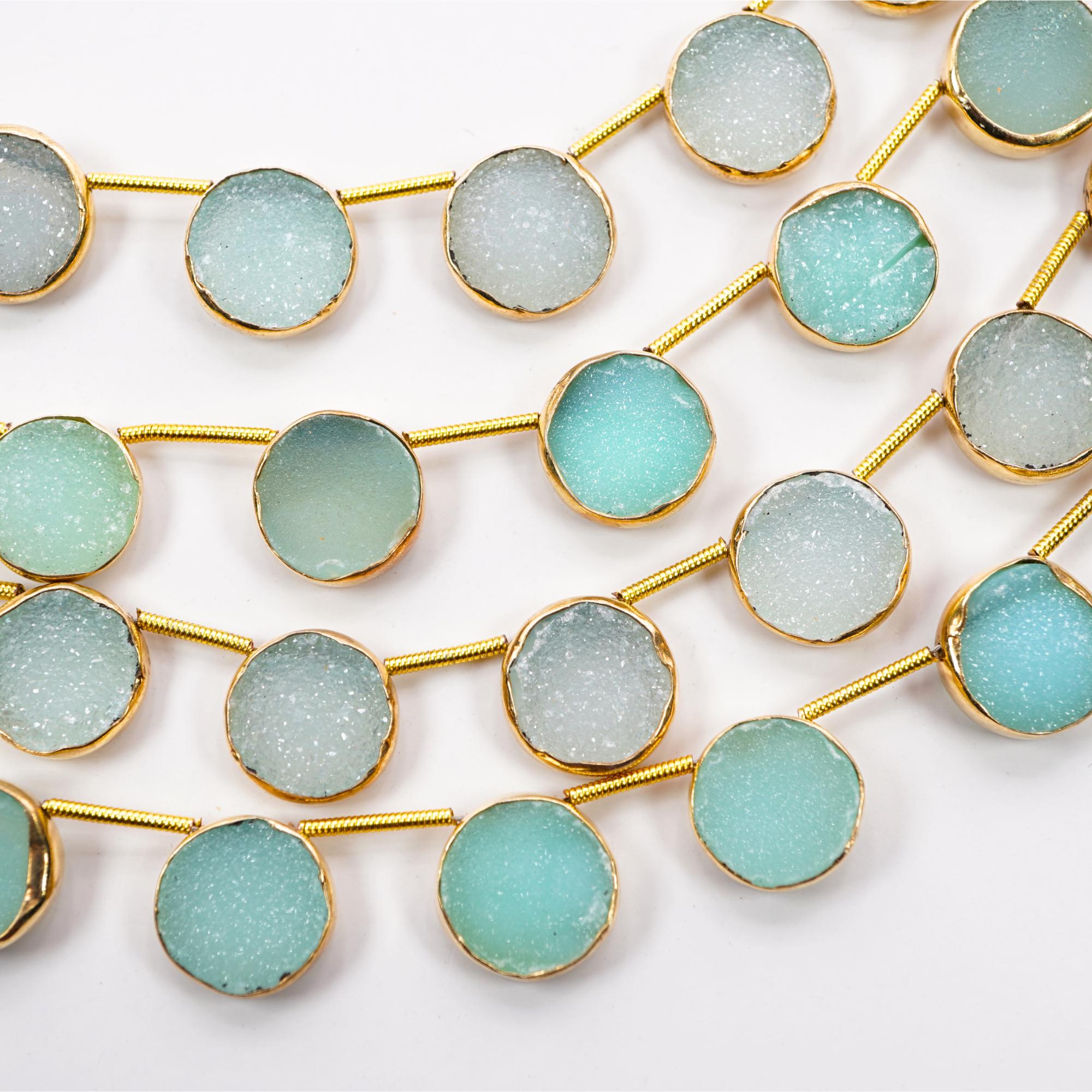 Aqua Druzy Coin Shape Gemstone Gold Electroplated Side Drilled Stand 
