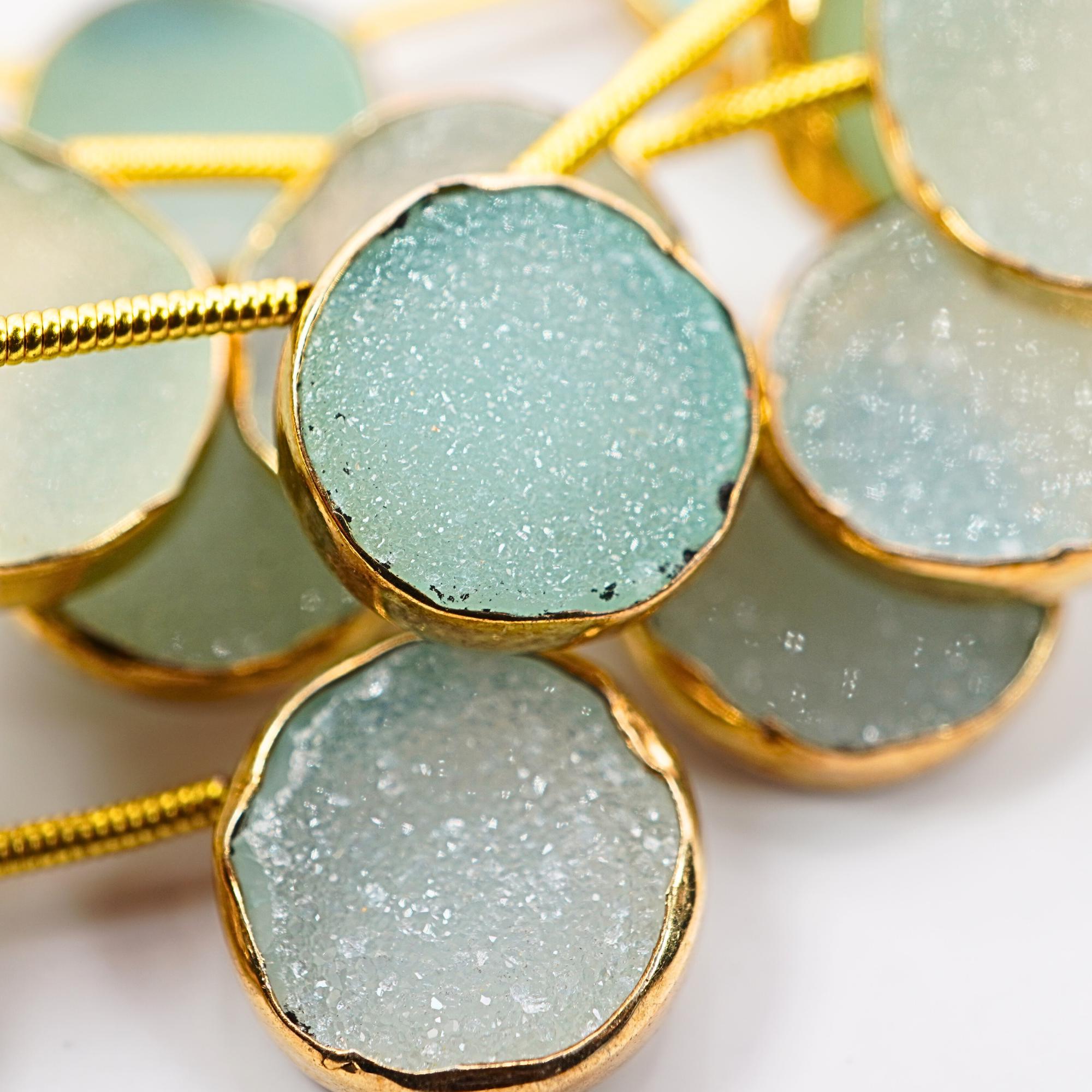 Aqua Druzy Coin Shape Gemstone Gold Electroplated Side Drilled Stand