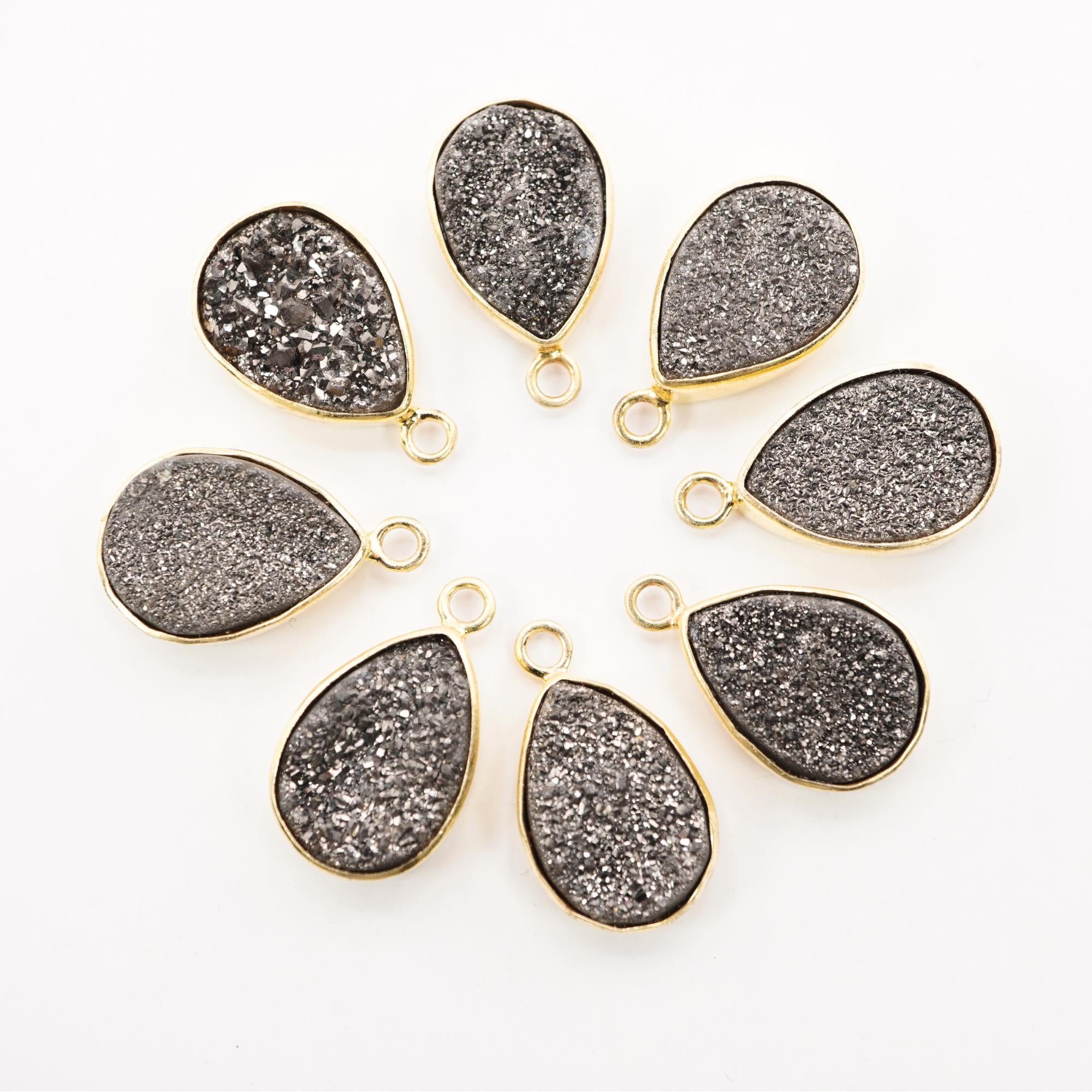 Black Druzy Pear Gemstone Gold Electroplated Charm Pendant
