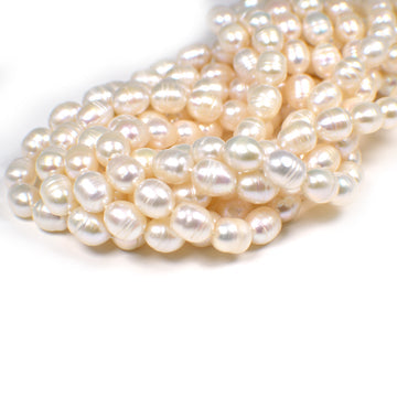 9 x 7 - 10 x 8 MM White Ringed Rice Freshwater Pearls Beads