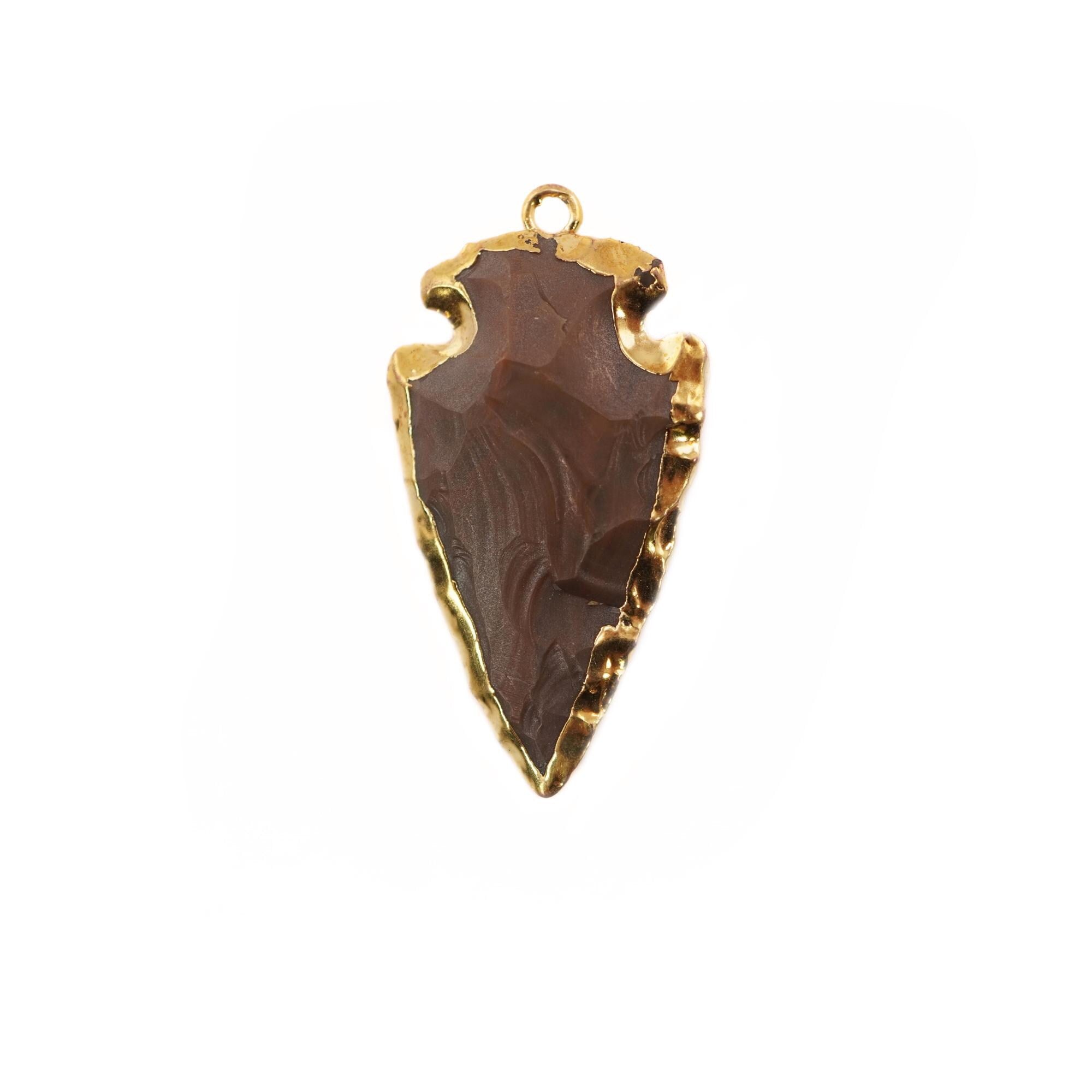 Natural Jasper Arrowhead Shape Gemstone Gold Electroplated Charm Pendant 38 x 21 MM