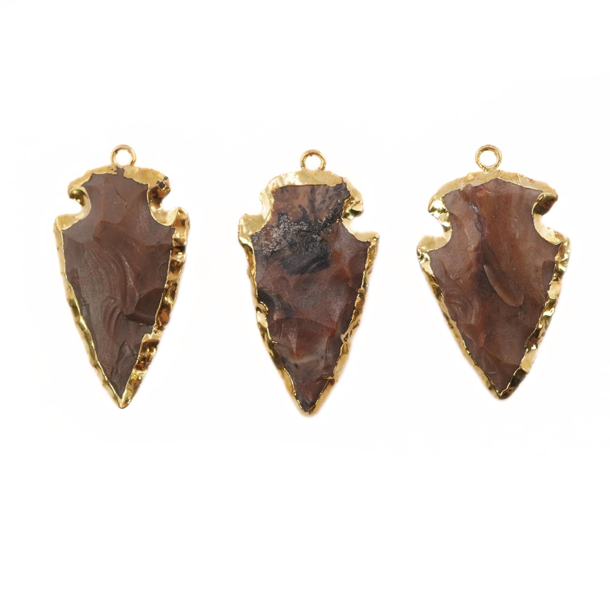 Natural Jasper Arrowhead Shape Gemstone Gold Electroplated Charm Pendant 38 x 21 MM