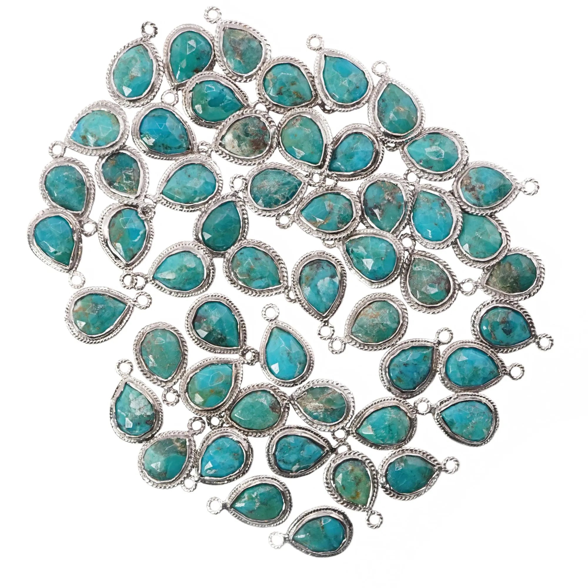 Kingman Block Turquoise Pear Shape Twisted Wire Silver Bezel Silver Plated Charm Pendant 