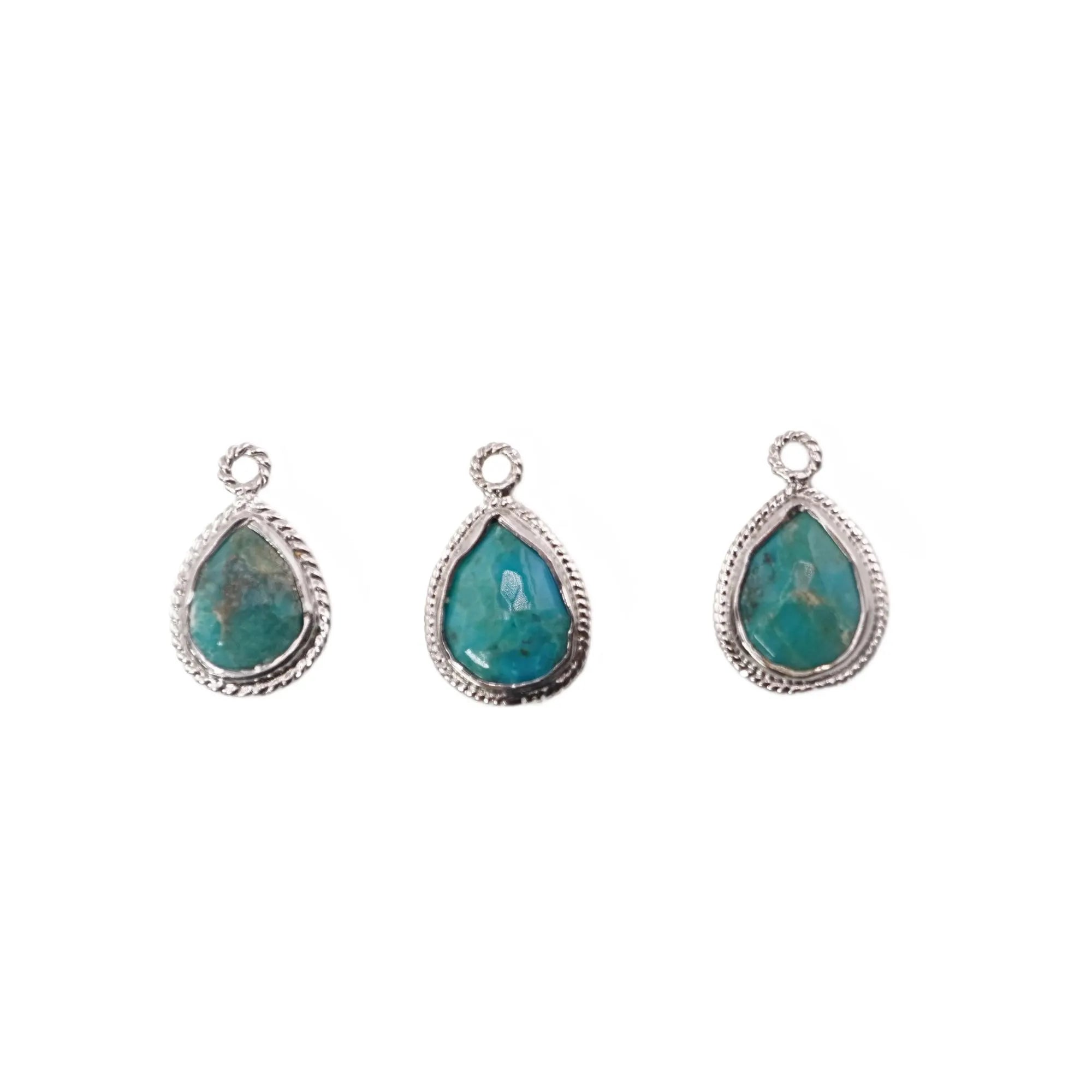 Kingman Block Turquoise Pear Shape Twisted Wire Silver Bezel Silver Plated Charm Pendant 
