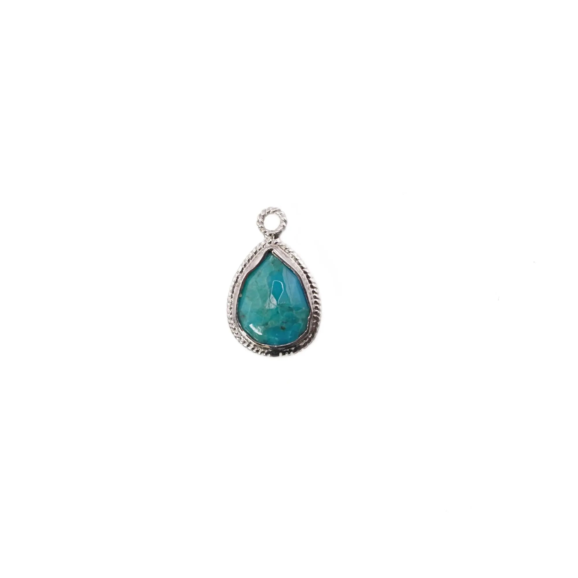 Kingman Block Turquoise Pear Shape Twisted Wire Silver Bezel Silver Plated Charm Pendant 