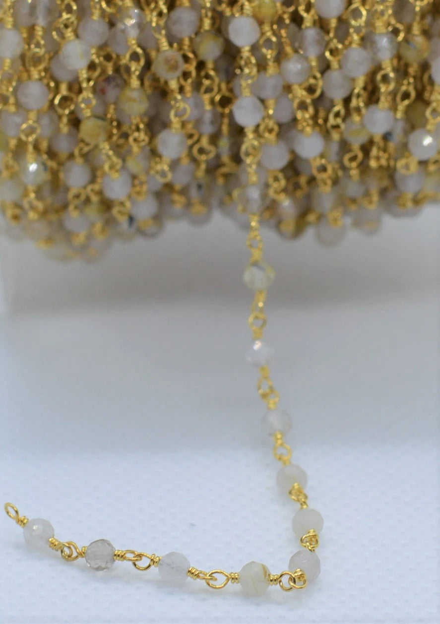 Golden Rutile Quartz Round Gemstone Brass Gold Plated Rosary Beads Chain