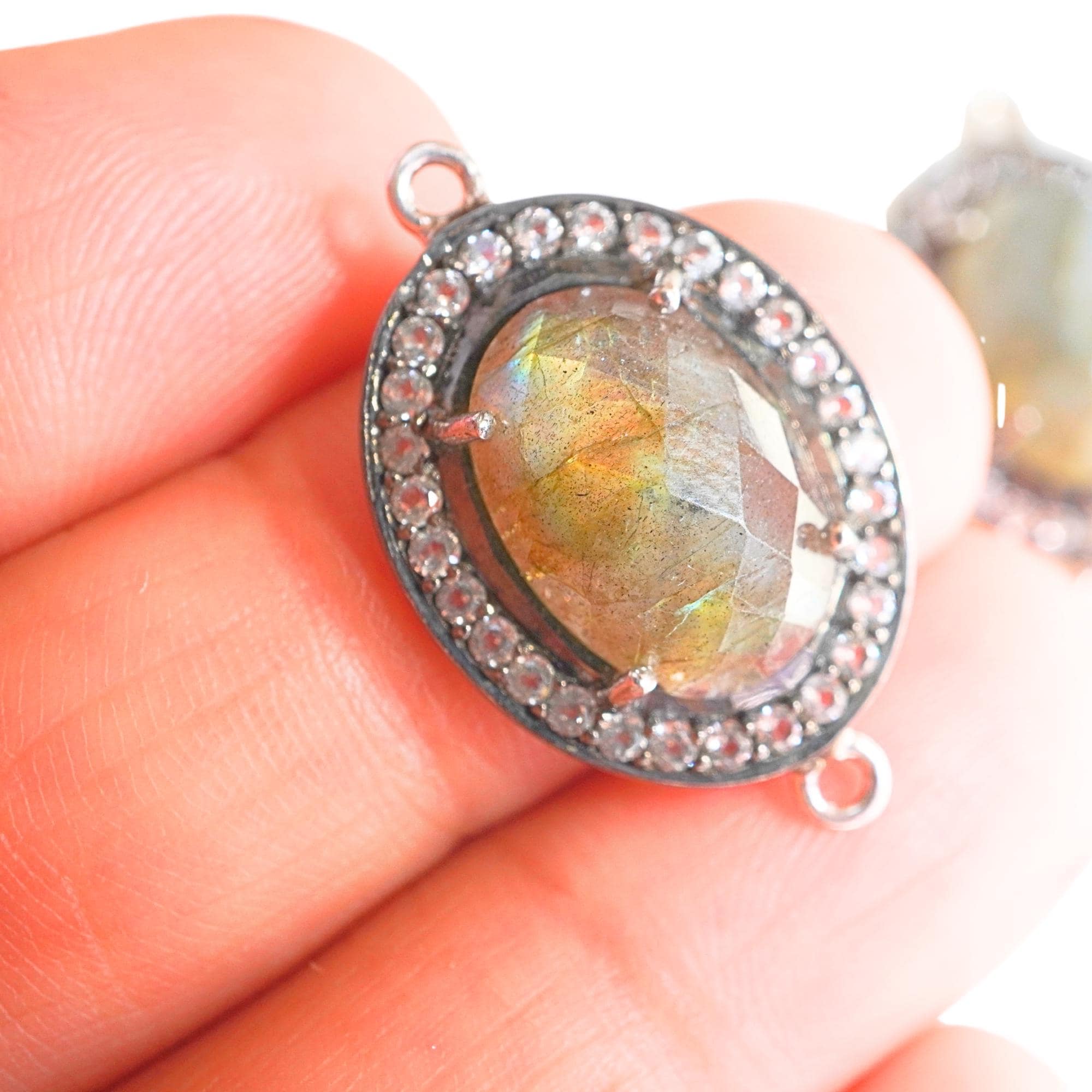 Labradorite & CZ Oval Shape Pave Sterling Silver Gold Plated Charm Connector