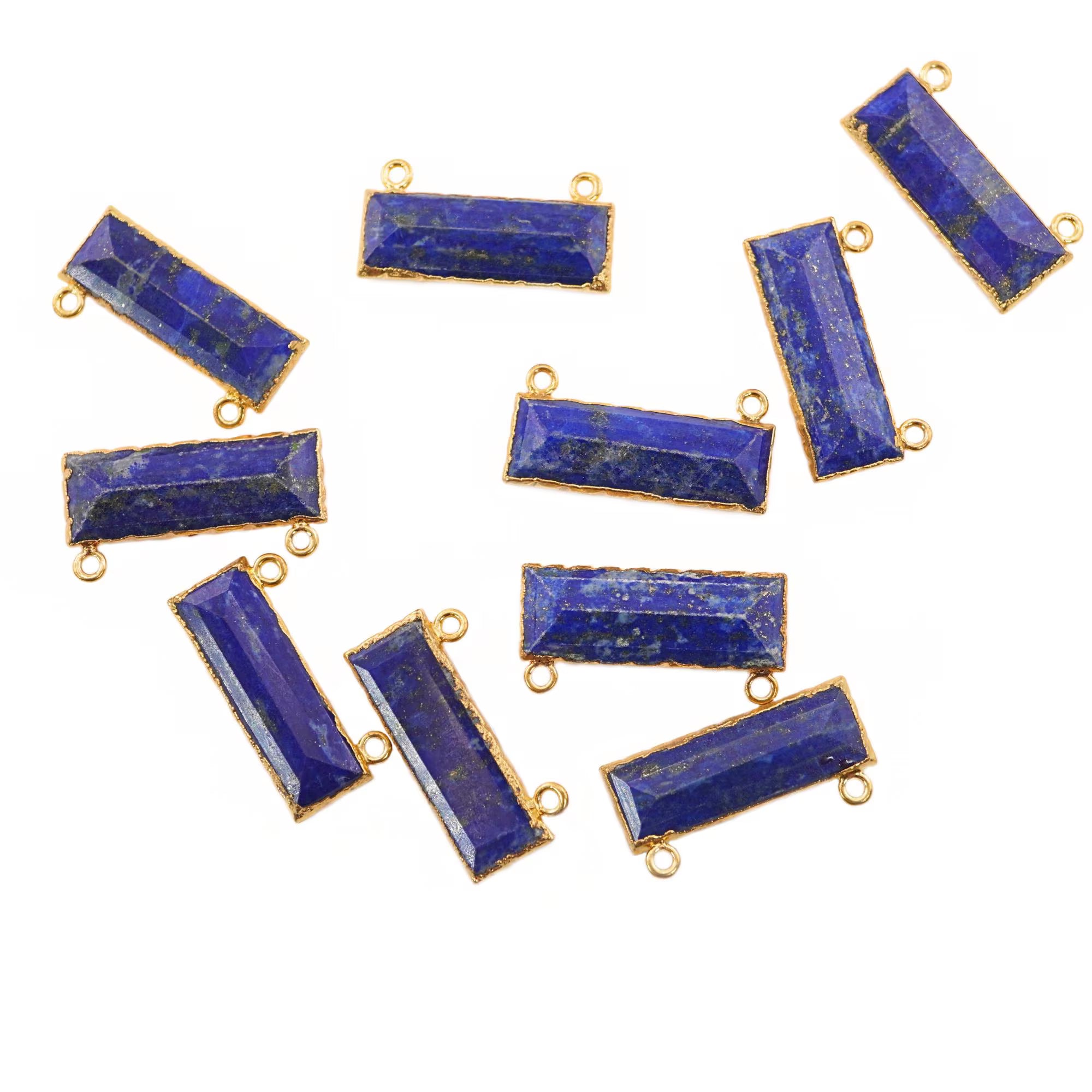 Lapis Lazuli Rectangle Shape Gemstone Gold Electroplated Two Bail Bar Charm Connector 