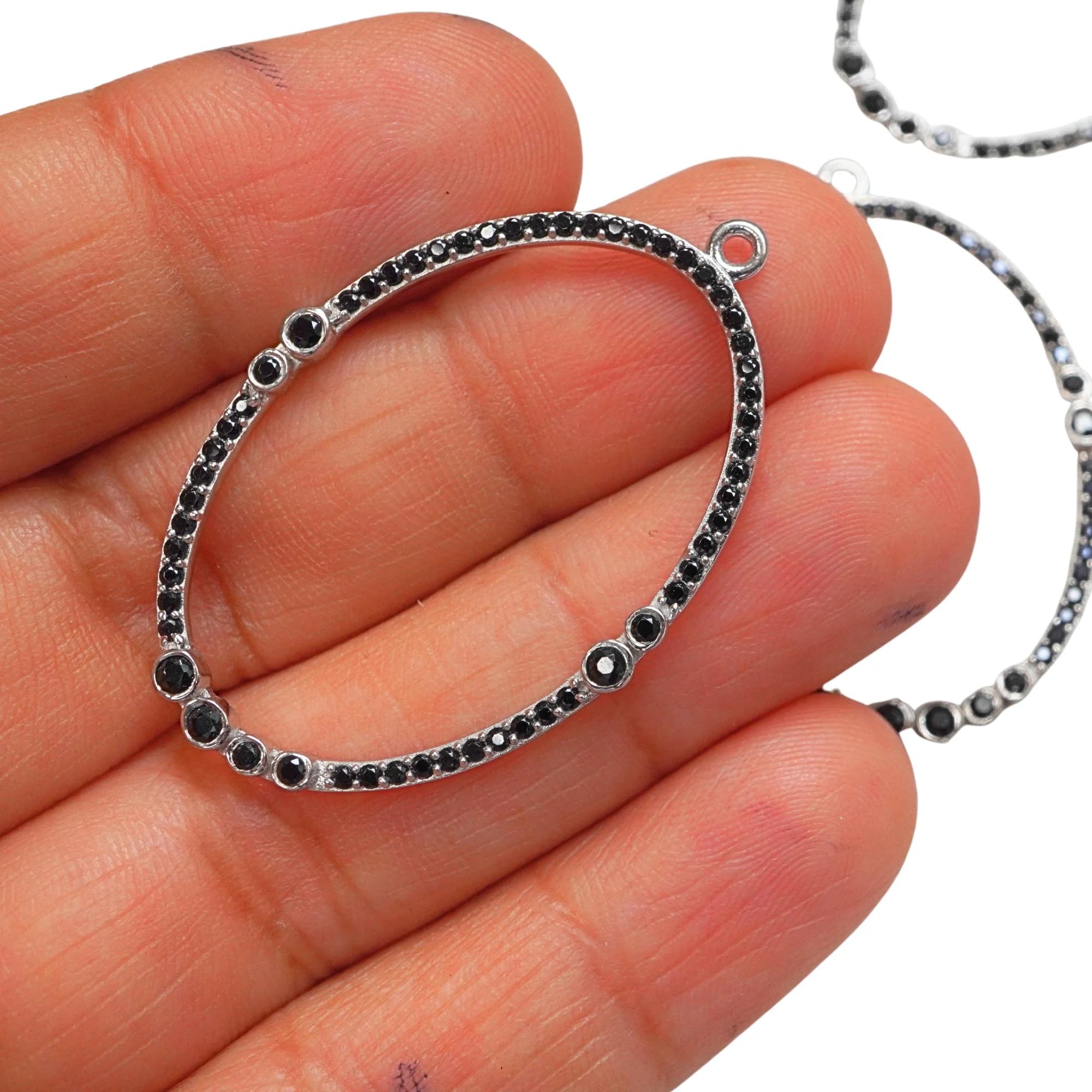 Micro Pave Black Spinel Fancy Oval Shape Sterling Silver Charm Pendant
