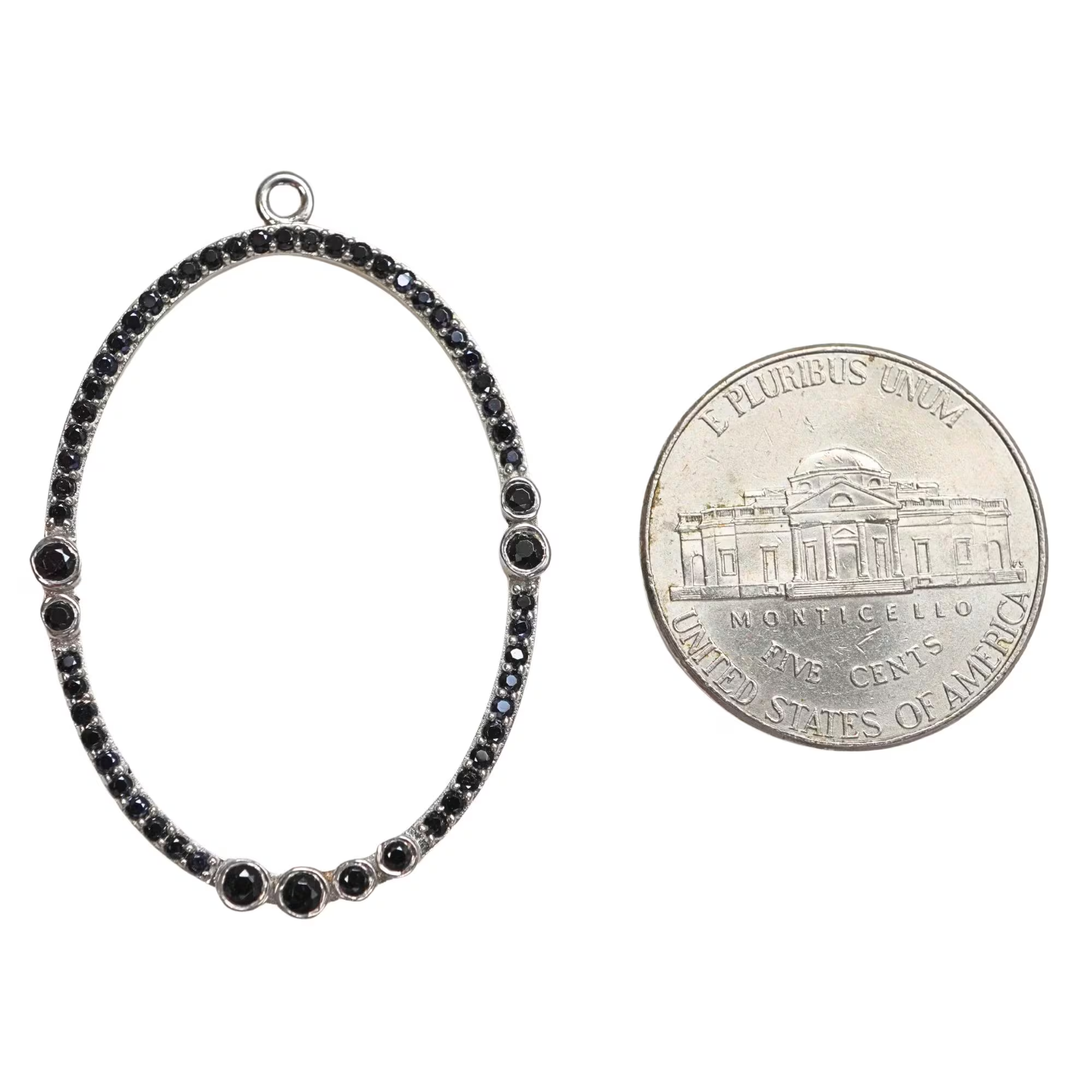Micro Pave Black Spinel Fancy Oval Shape Sterling Silver Charm Pendant
