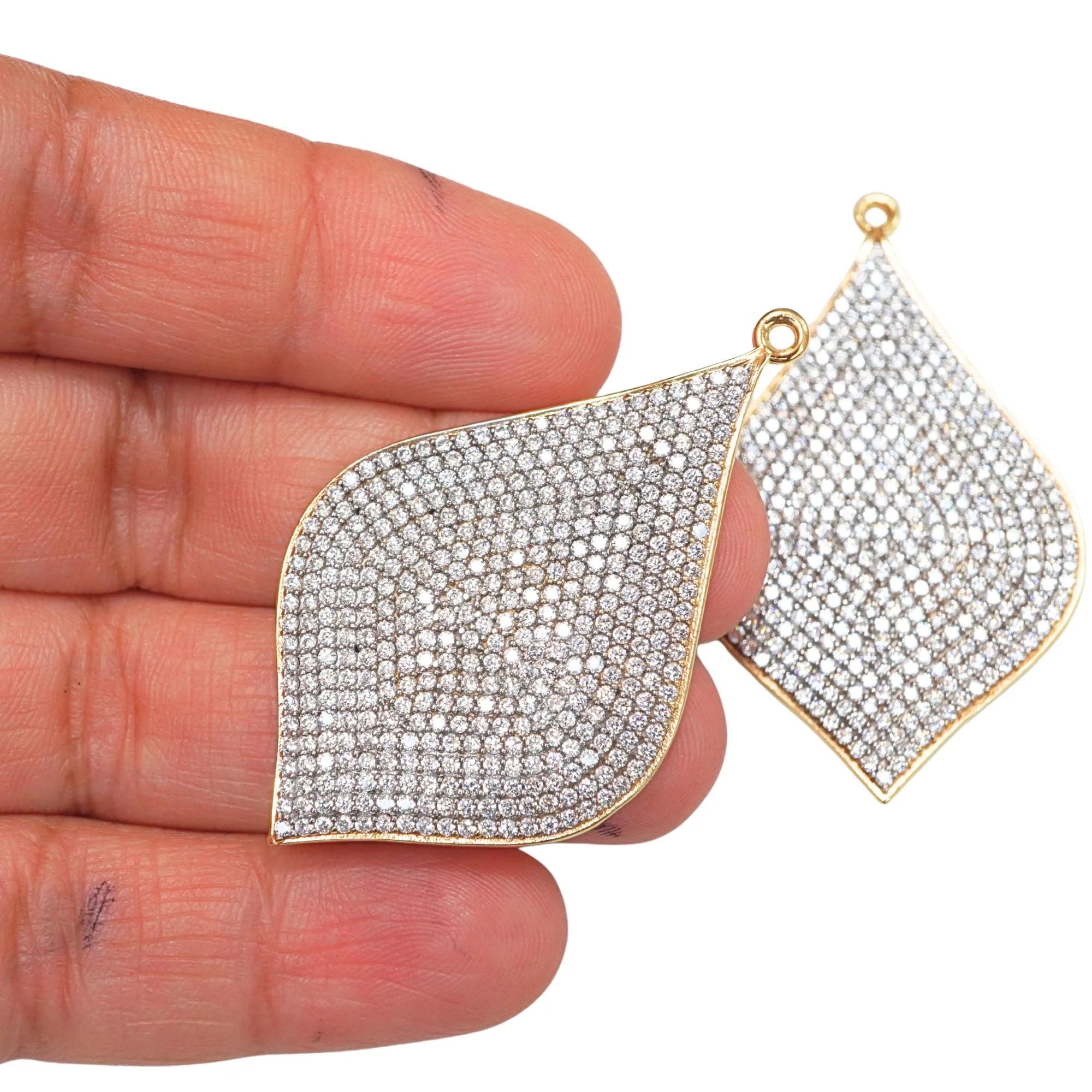 Micro Pave Cubic Zirconia Leaf Shape Gold Plated Sterling Silver Charm Pendant 