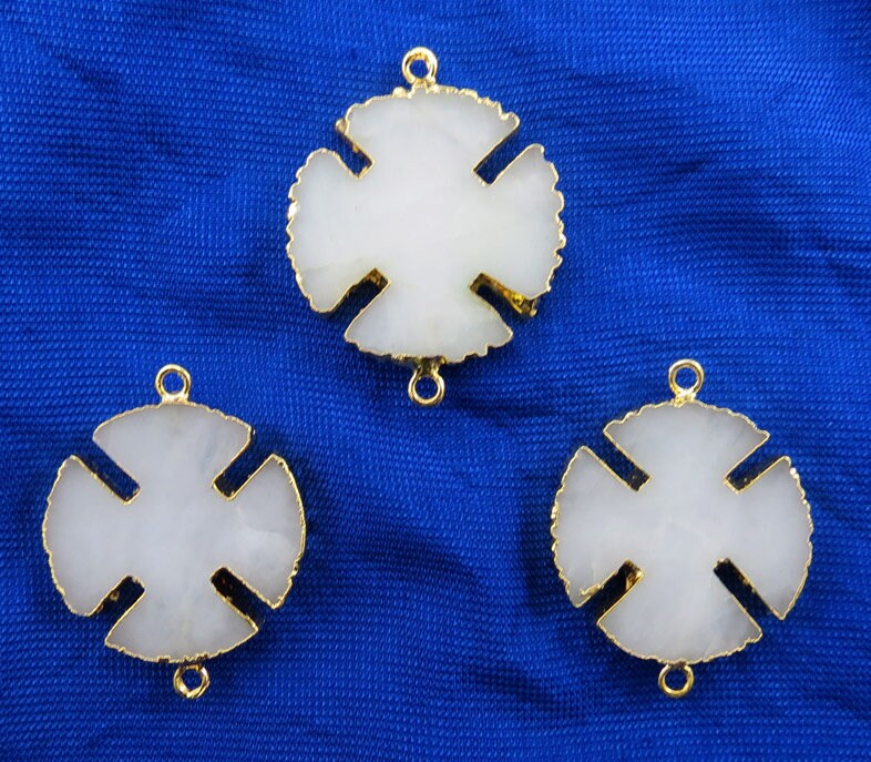 White Agate Aventurine Viking Cross Gemstone Gold Electroplated Charm Pendant 