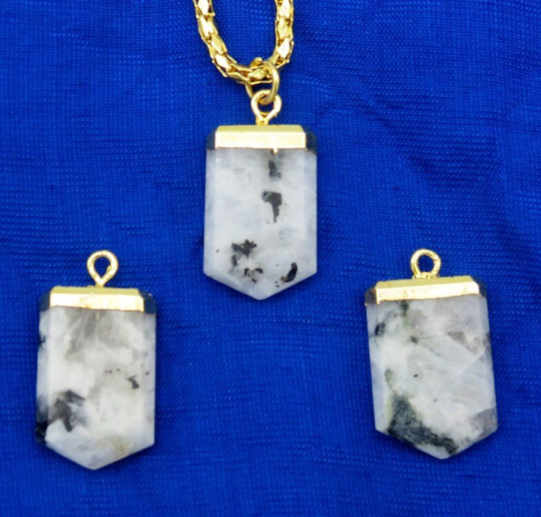 Rainbow Moonstone Small Flat Pencil Gold Electroplated Charm Pendant 