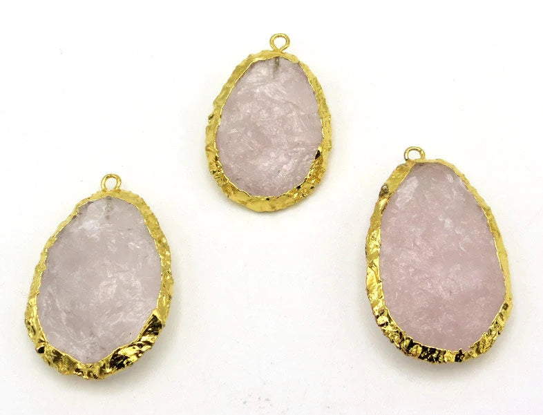 Rose Quartz Hand knapped Egg Shape Gemstone Gold Electroplated Charm Pendant