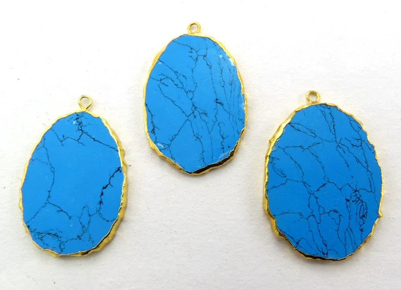 Turquoise With Black Matrix Manmade Flat Egg Shape Oval Gemstone Gold Electroplated Charm Pendant 