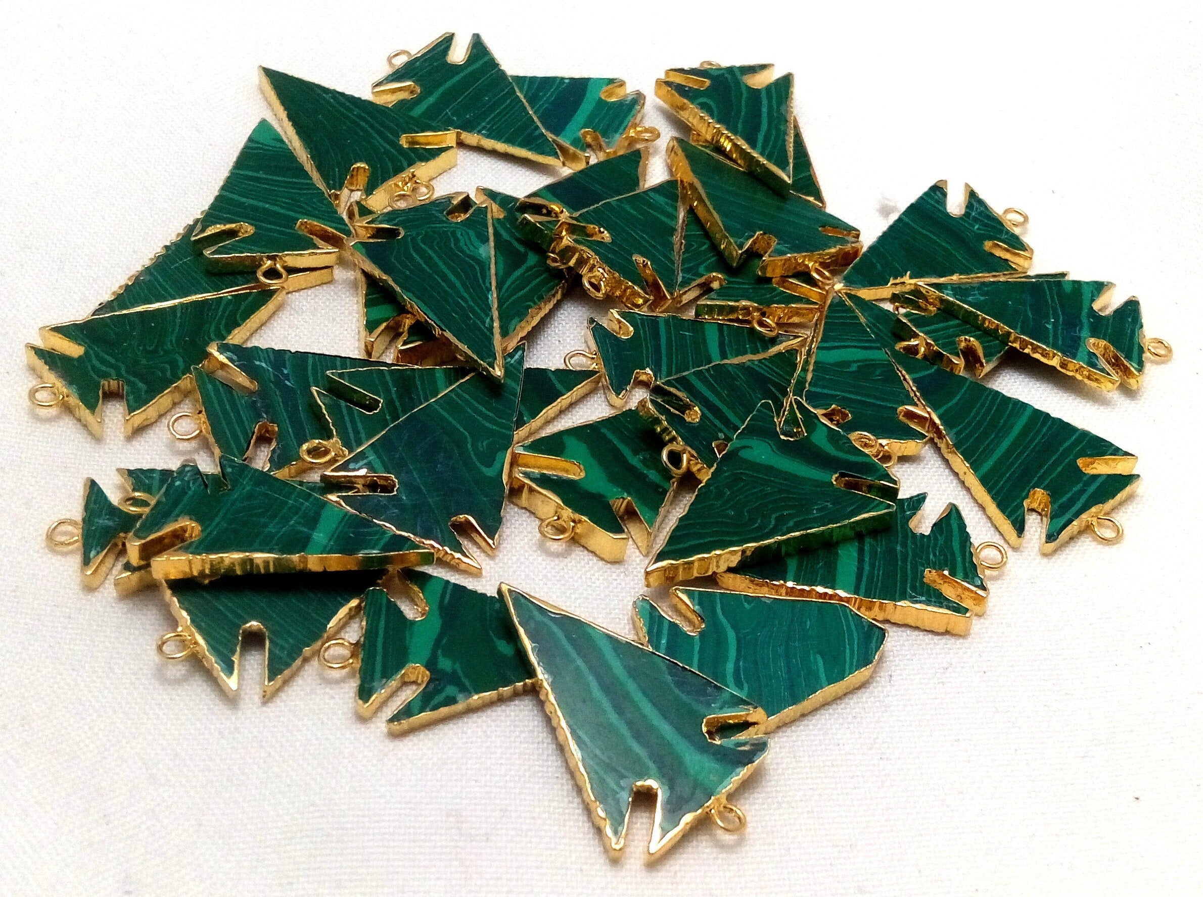 Malachite Arrowhead Large Gemstone Gold Electroplated Charm Pendant 
