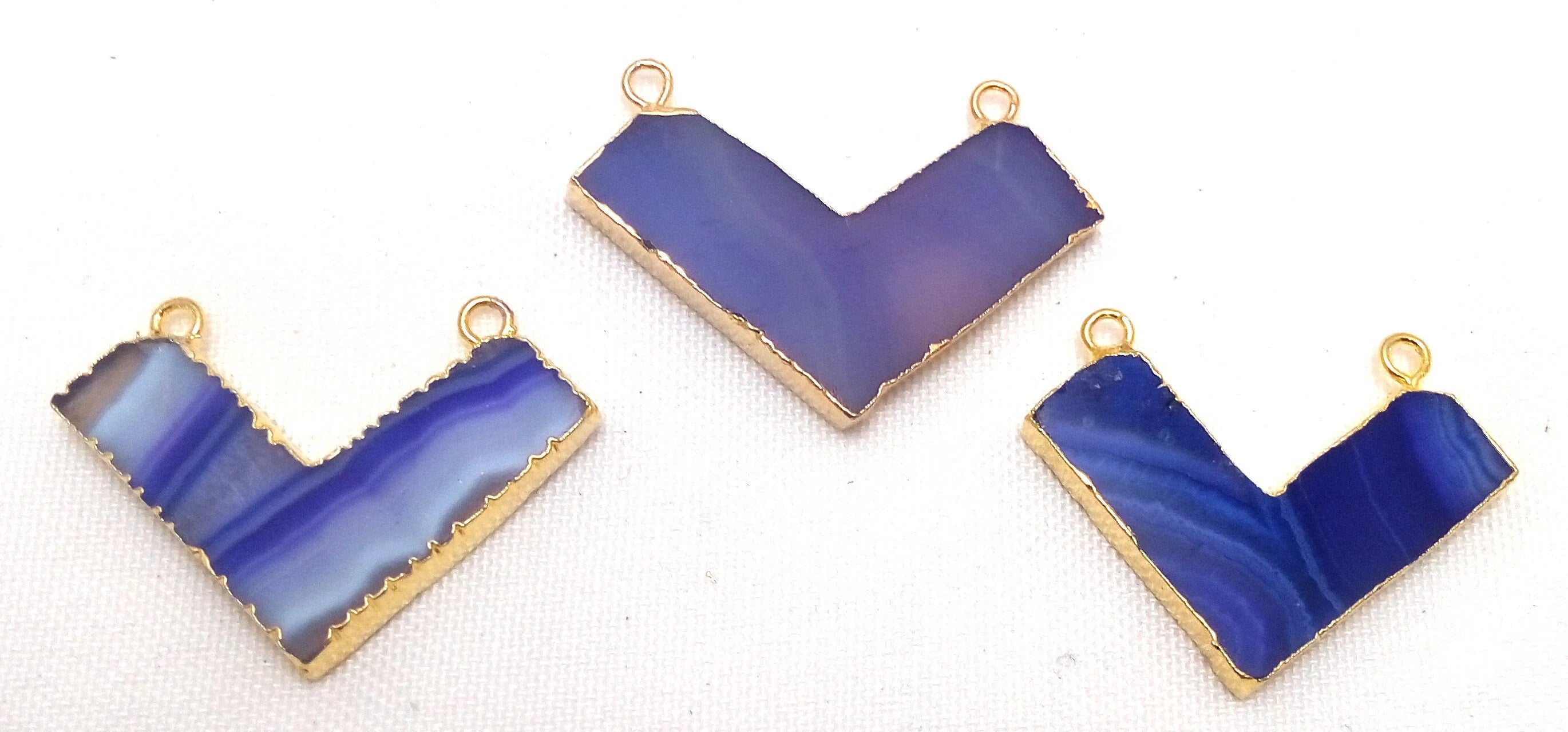 Purple Banded Agate Chevron Shape Gemstone Gold Electroplated Charm Pendant
