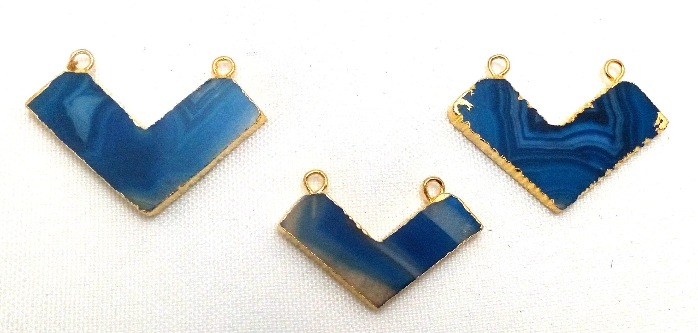 Blue Banded Agate Chevron Shape Gemstone Gold Electroplated Charm Pendant 