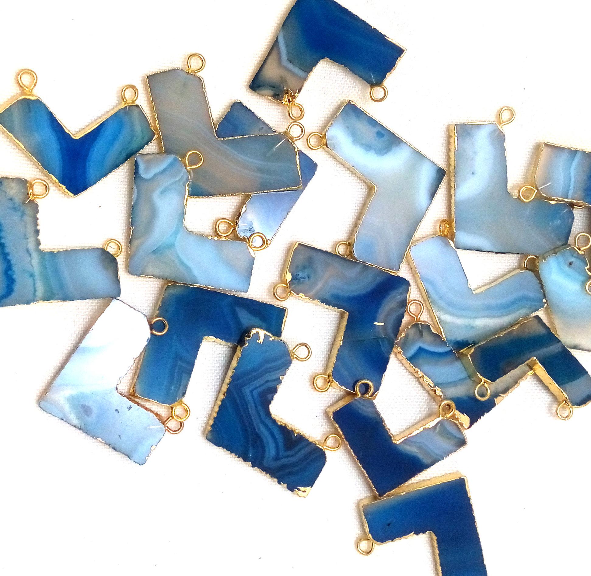 Blue Banded Agate Chevron Shape Gemstone Gold Electroplated Charm Pendant 