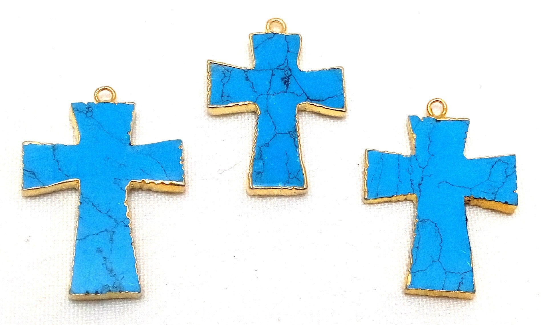 Turquoise With Matrix Cross Shape Gemstone Gold Electroplate Charm Pendant 