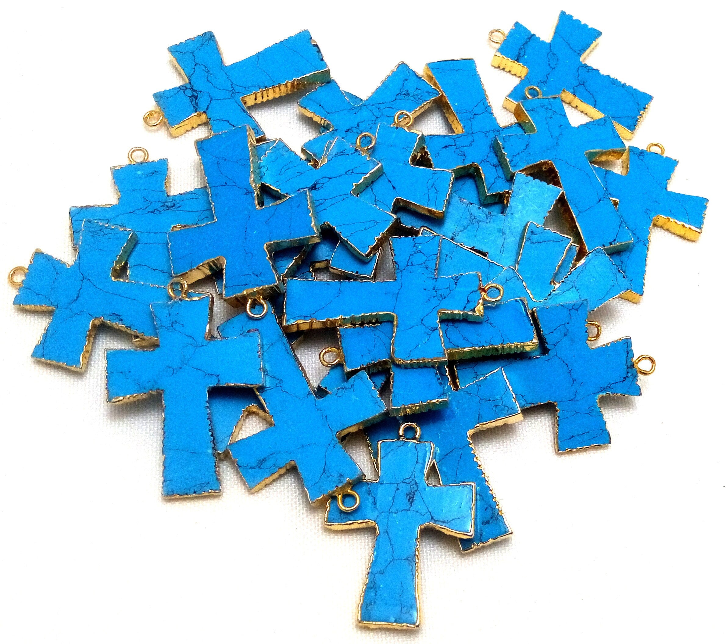 Turquoise With Matrix Cross Shape Gemstone Gold Electroplate Charm Pendant 