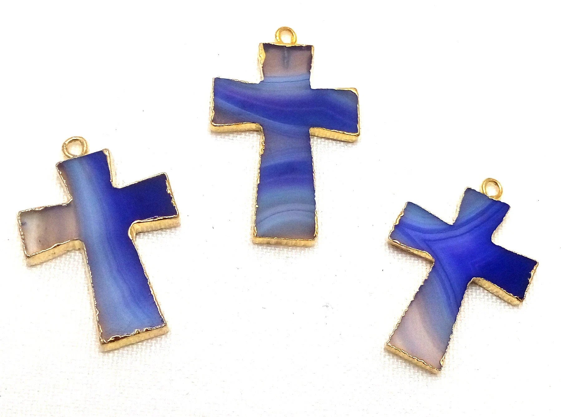 Persian Blue Banded Agate Chalcedony Cross Gemstone Gold Electroplate Charm Pendant 