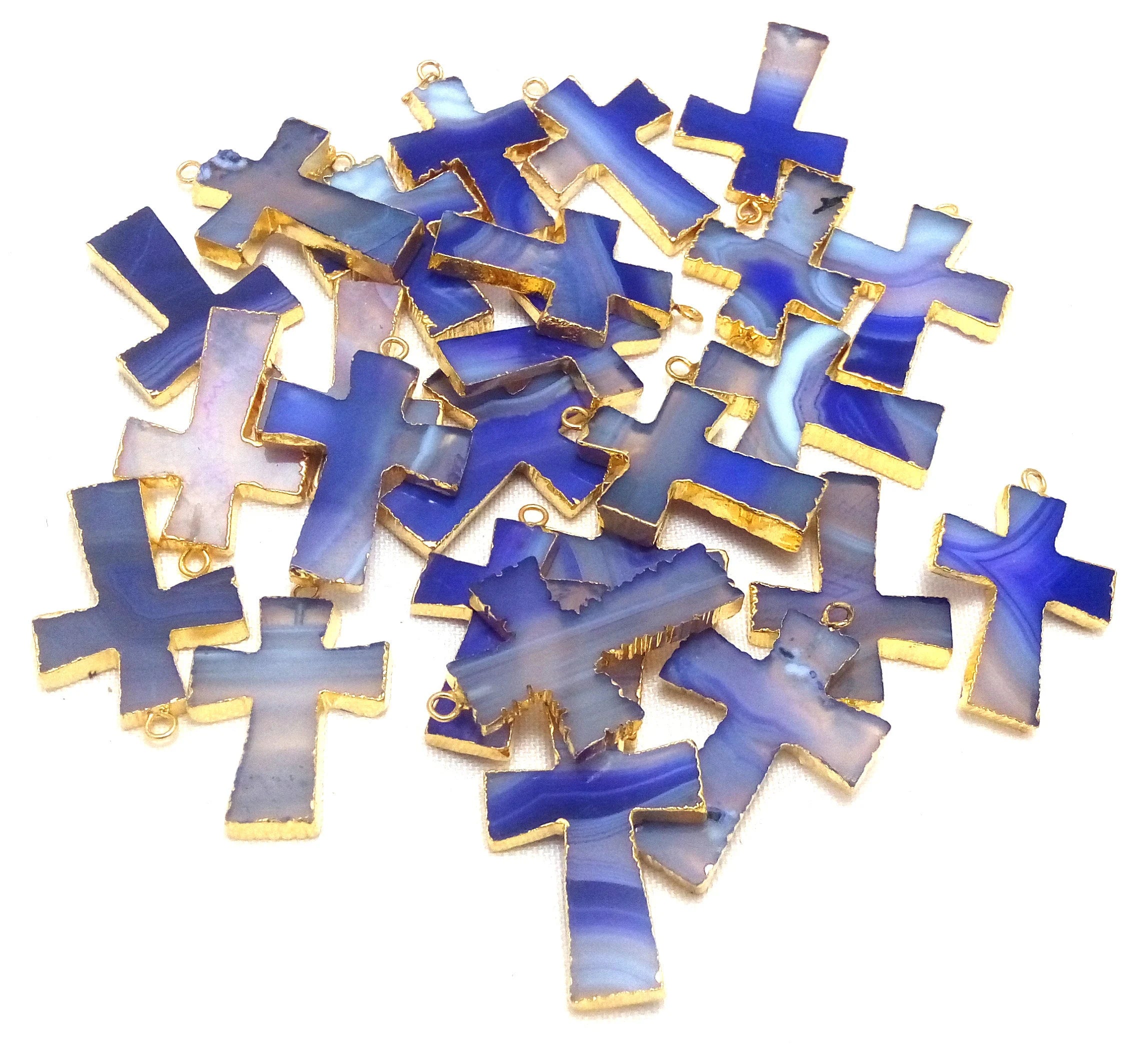 Persian Blue Banded Agate Chalcedony Cross Gemstone Gold Electroplate Charm Pendant 