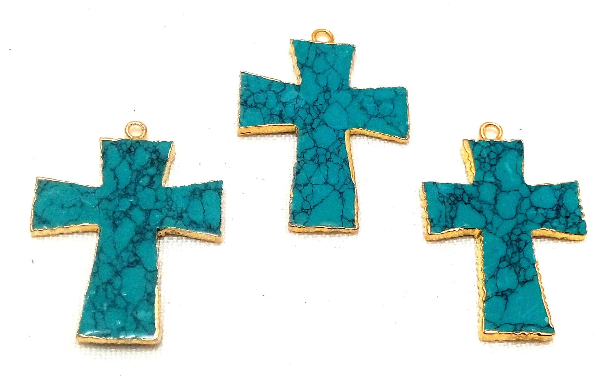 Tibetan Turquoise Manmade Cross Shape Gemstone Gold Electroplate Charm Pendant 
