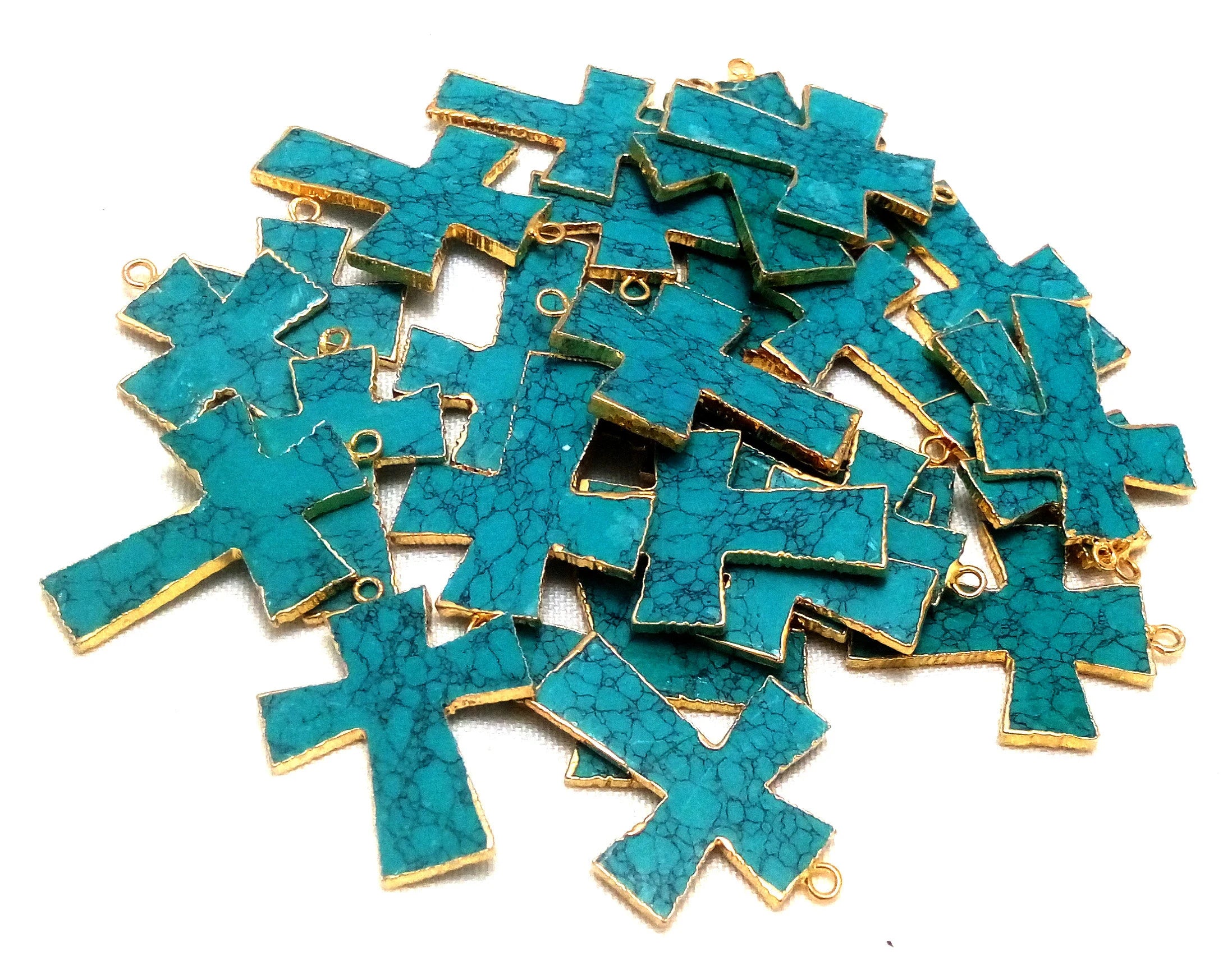 Tibetan Turquoise Manmade Cross Shape Gemstone Gold Electroplate Charm Pendant 