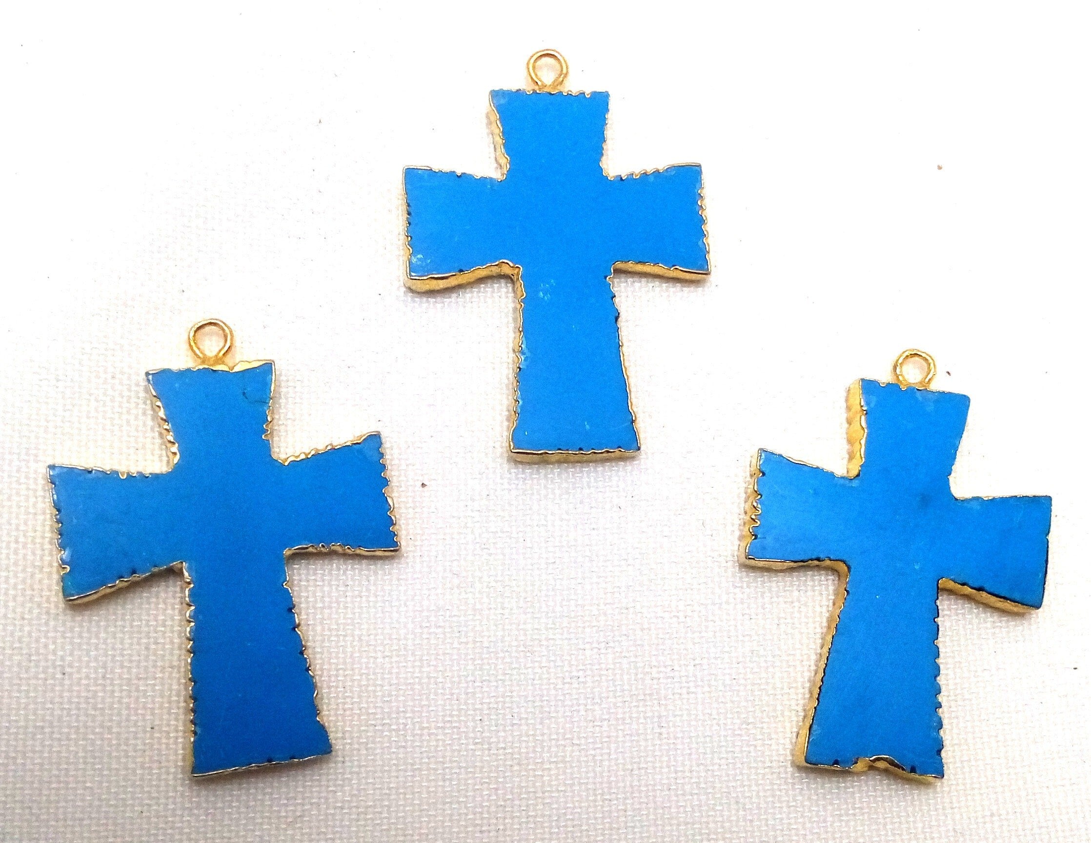 Turquoise Manmade Cross Gemstone Gold Electroplate Charm Pendant