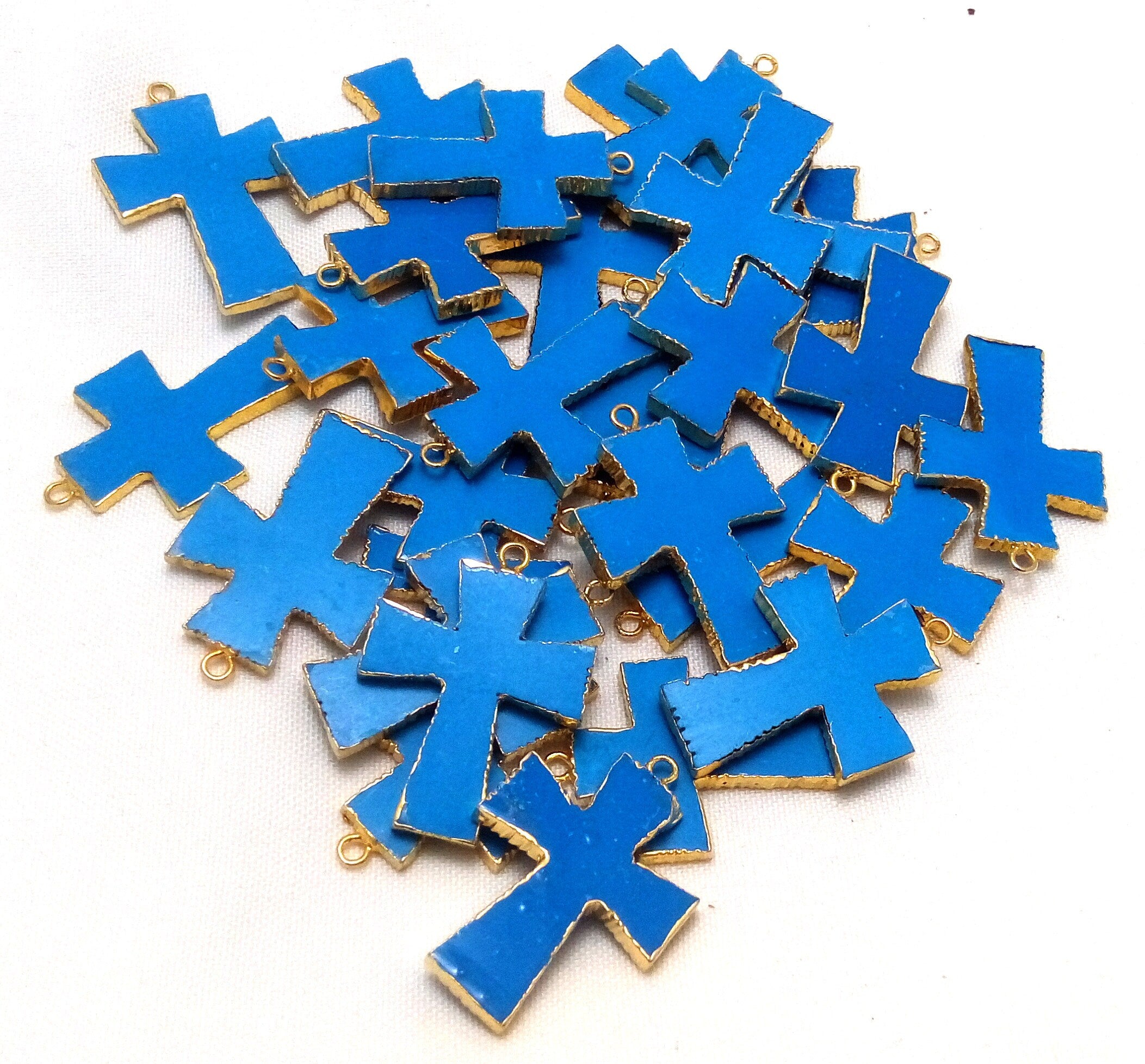 Turquoise Manmade Cross Gemstone Gold Electroplate Charm Pendant