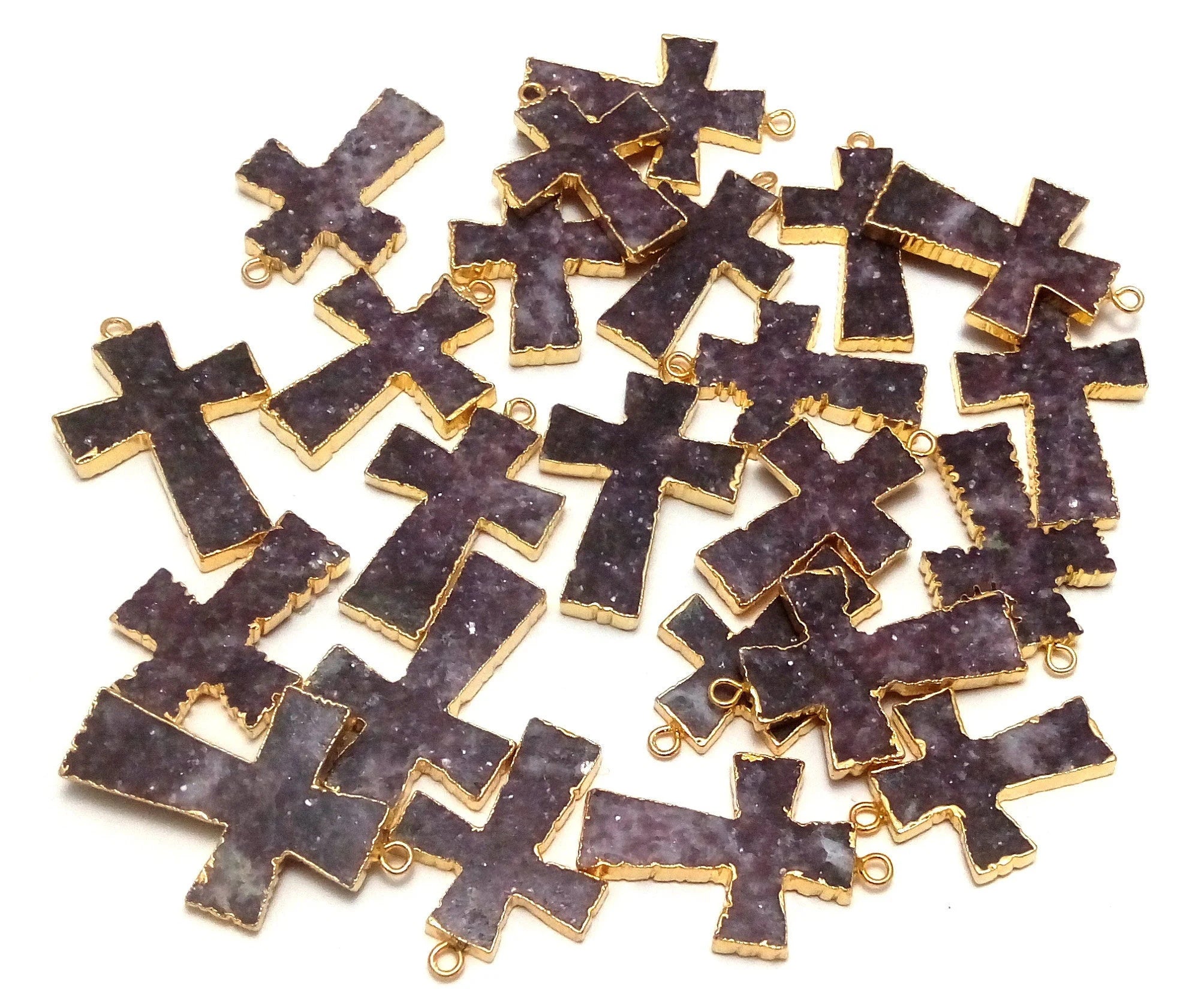 Lepidolite Cross Shape Gemstone Gold Electroplate Charm Pendant