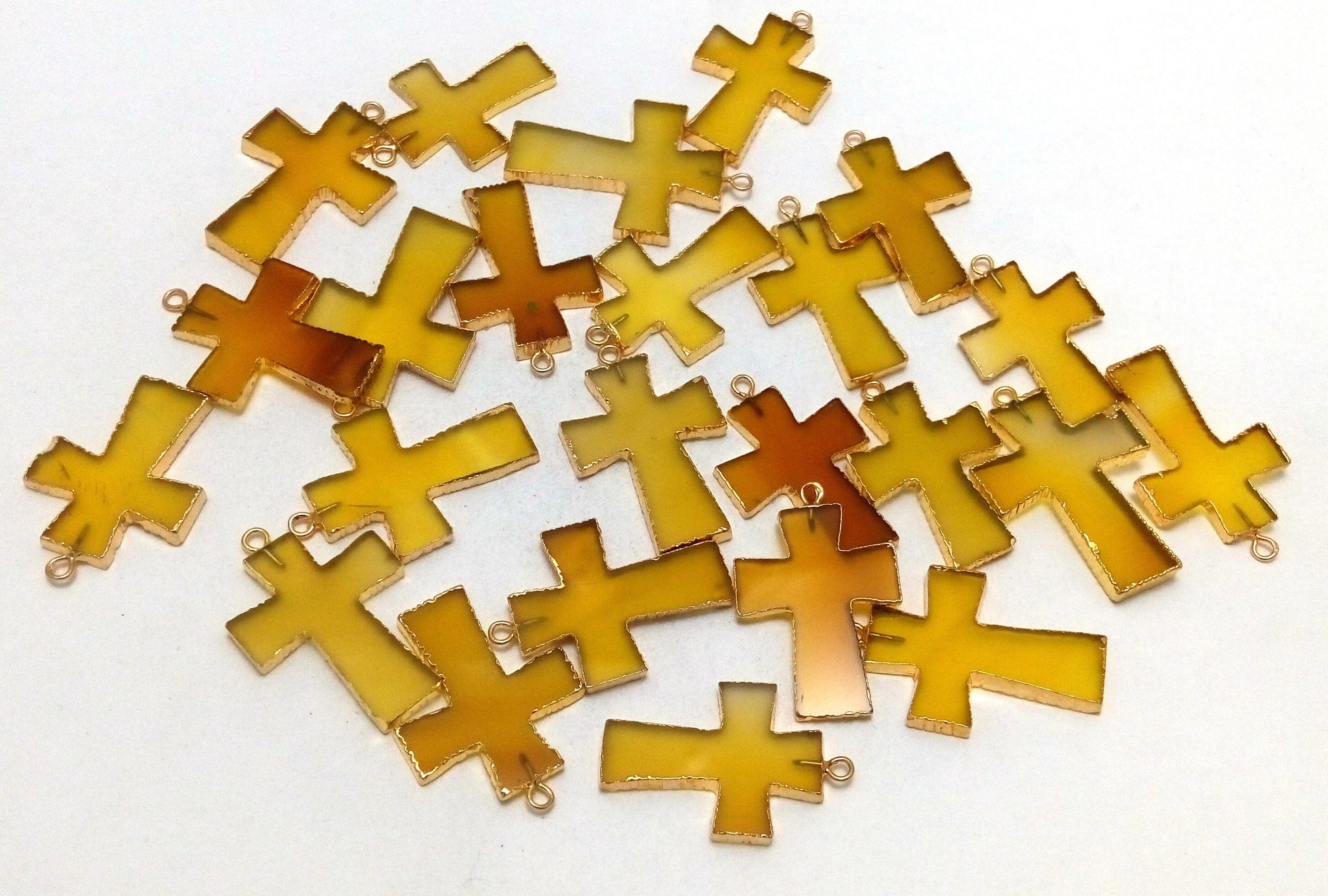 Yellow Chalcedony Cross Gemstone Gold Electroplate Charm Pendant 