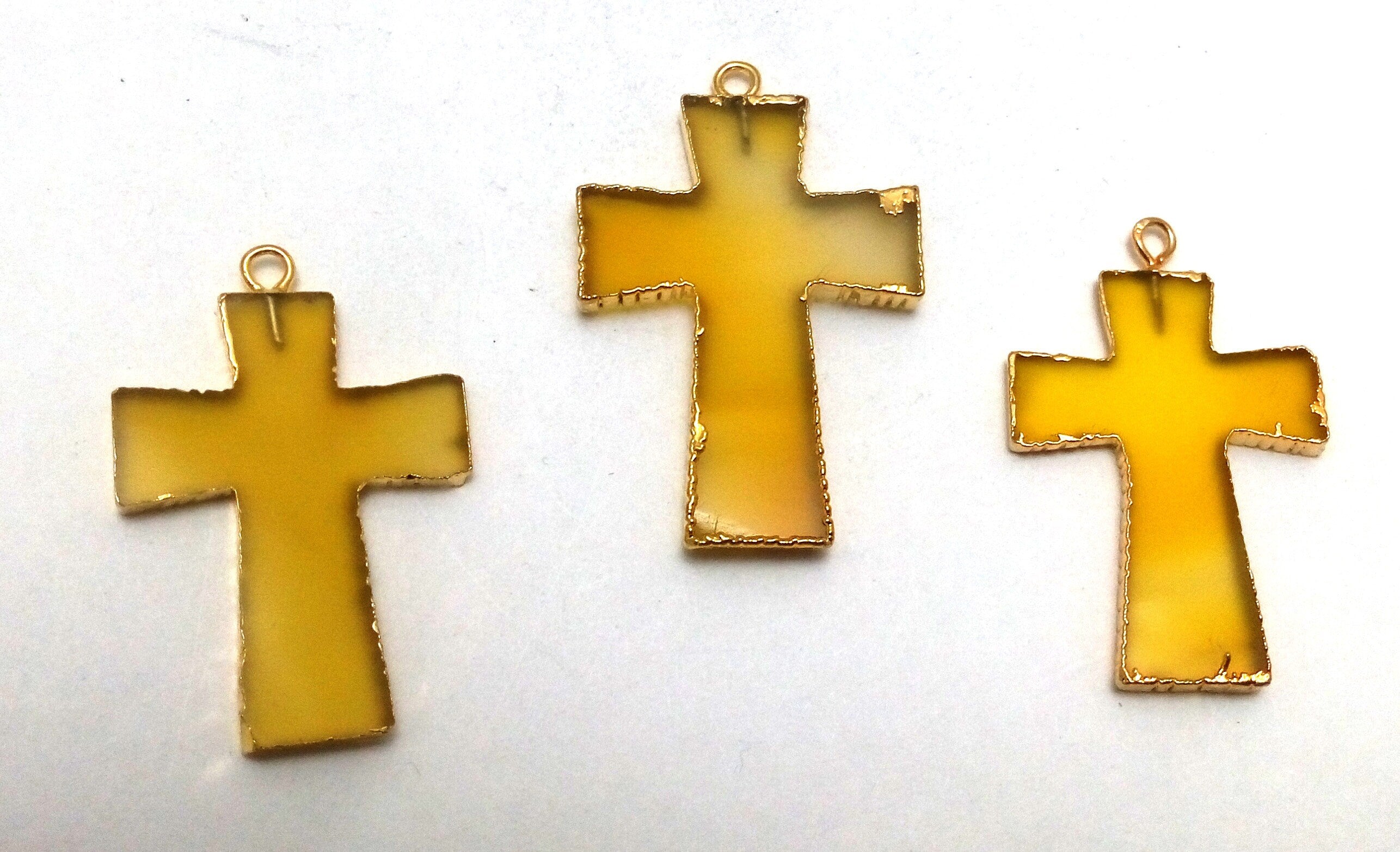 Yellow Chalcedony Cross Gemstone Gold Electroplate Charm Pendant 