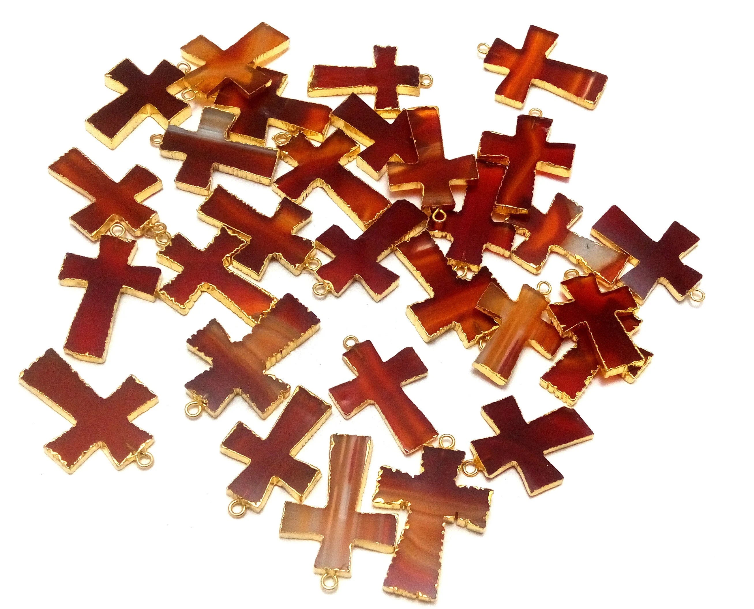 Red Banded Agate Cross Gemstone Gold Electroplate Charm Pendant