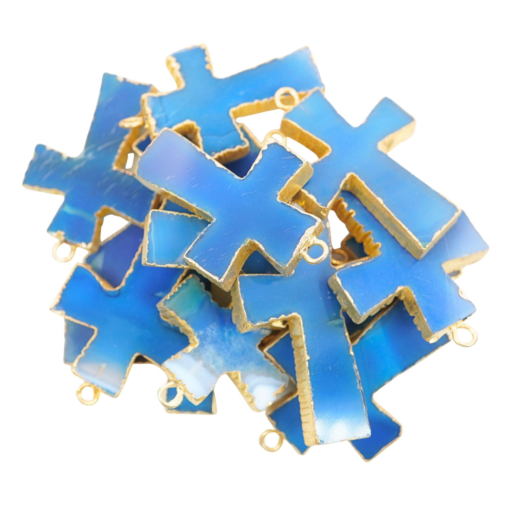 Blue Banded Agate Chalcedony Cross Shape Gold Electroplate Charm Pendant 
