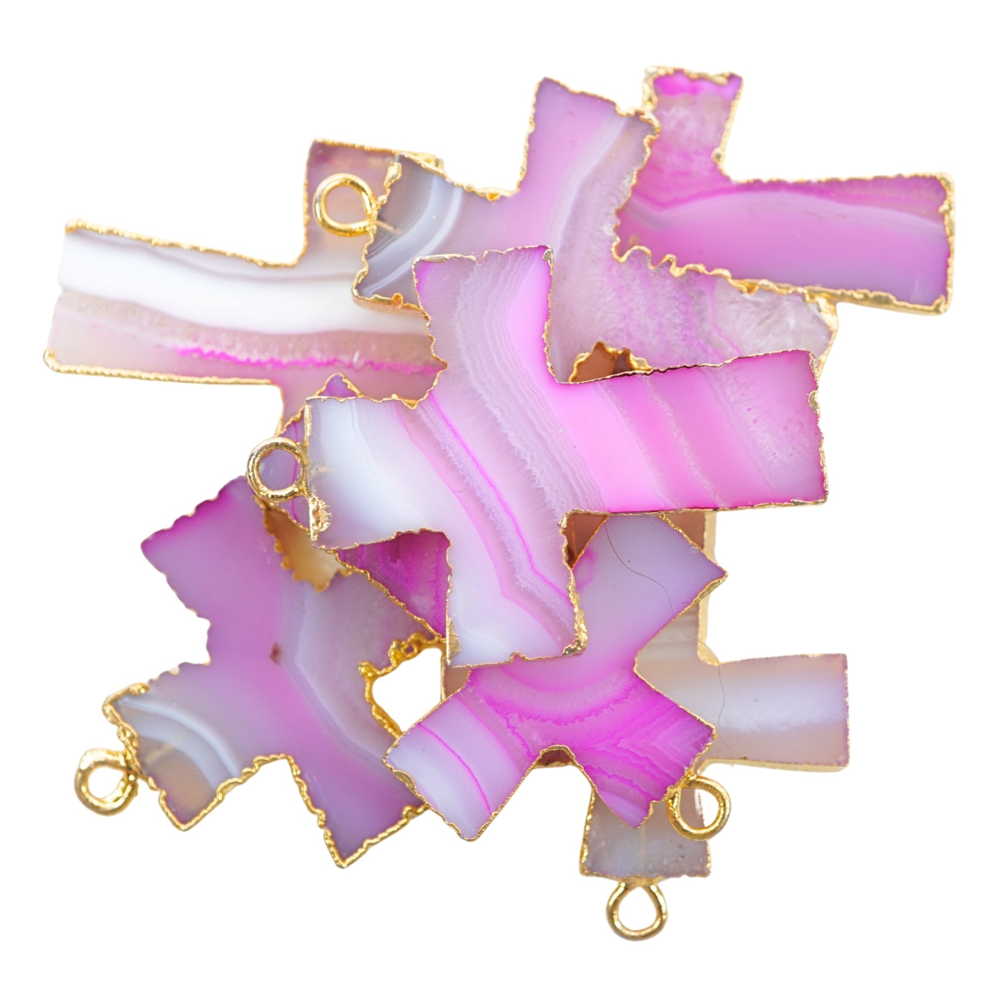 Pink Banded Agate Chalcedony Cross Shape Gold Electroplate Charm Pendant