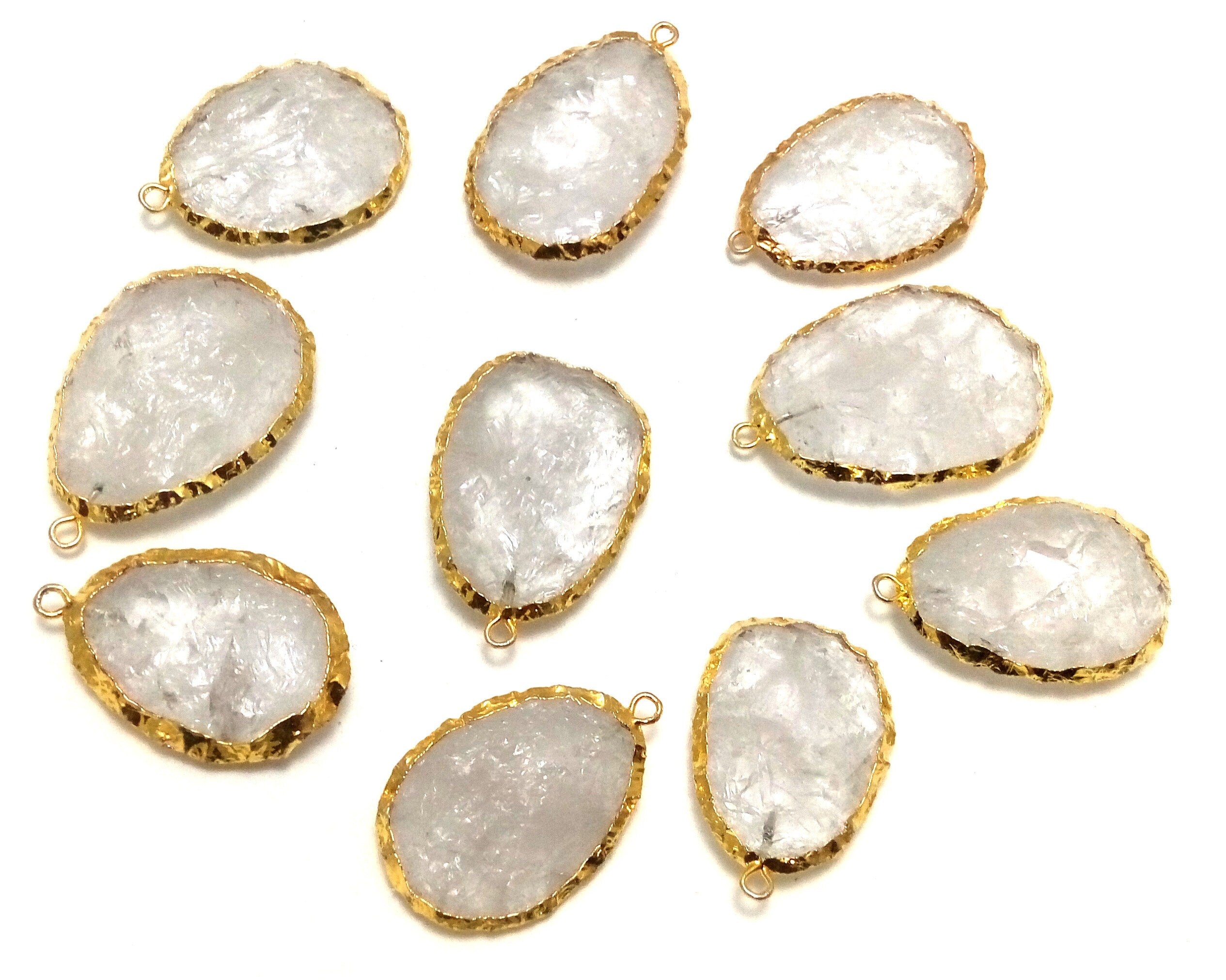 Crystal Quartz Hand knapped Egg Shape Gemstone Gold Electroplated Charm Pendant 